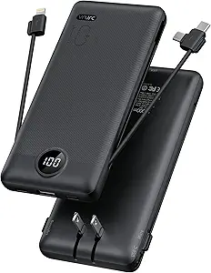 VRURC Portable Charger Built-in Cables and AC Wall Plug, USB C Power Bank 10000mAh, Travel Essentials Phone Charger Compact Lightweight External Battery Pack for Smart Phones, Tablets-Pure Black