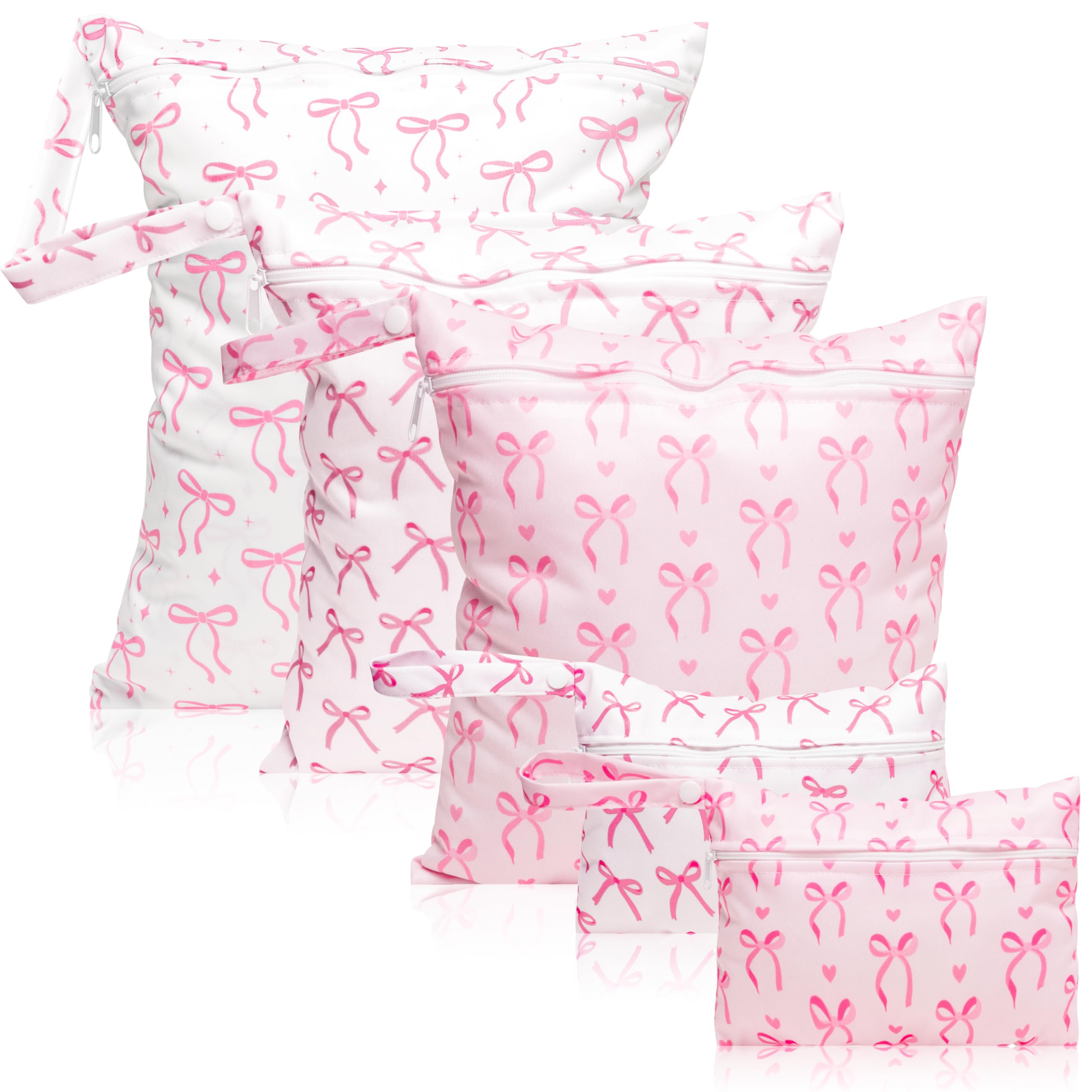 5Pcs Waterproof Baby Diaper Bag, Cute Coquette Pink Bow Wet Dry Bag with Handle Zipper Toiletry Organizing Pouches for Cloth Diapers Swimsuits Travel Beach Pool Essentials for Boys Girls-image-7