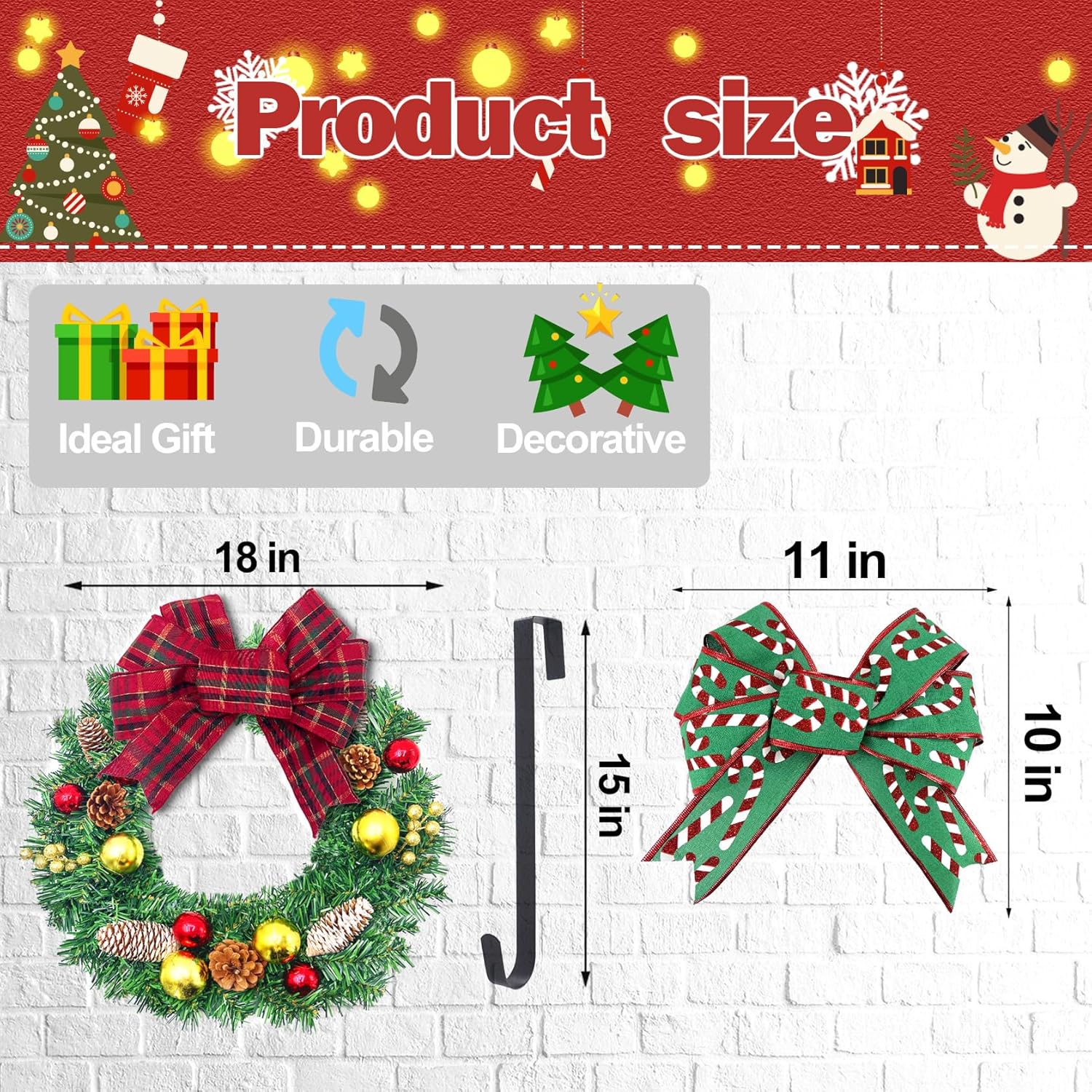 Wreaths for Christmas Décor, Christmas Wreaths for Windows with Pine Cones, Ball Ornaments and 2 Premium Bows, Great X’mas Decorations for Front Door, Indoor and Outdoor, 18 inches - Image 7