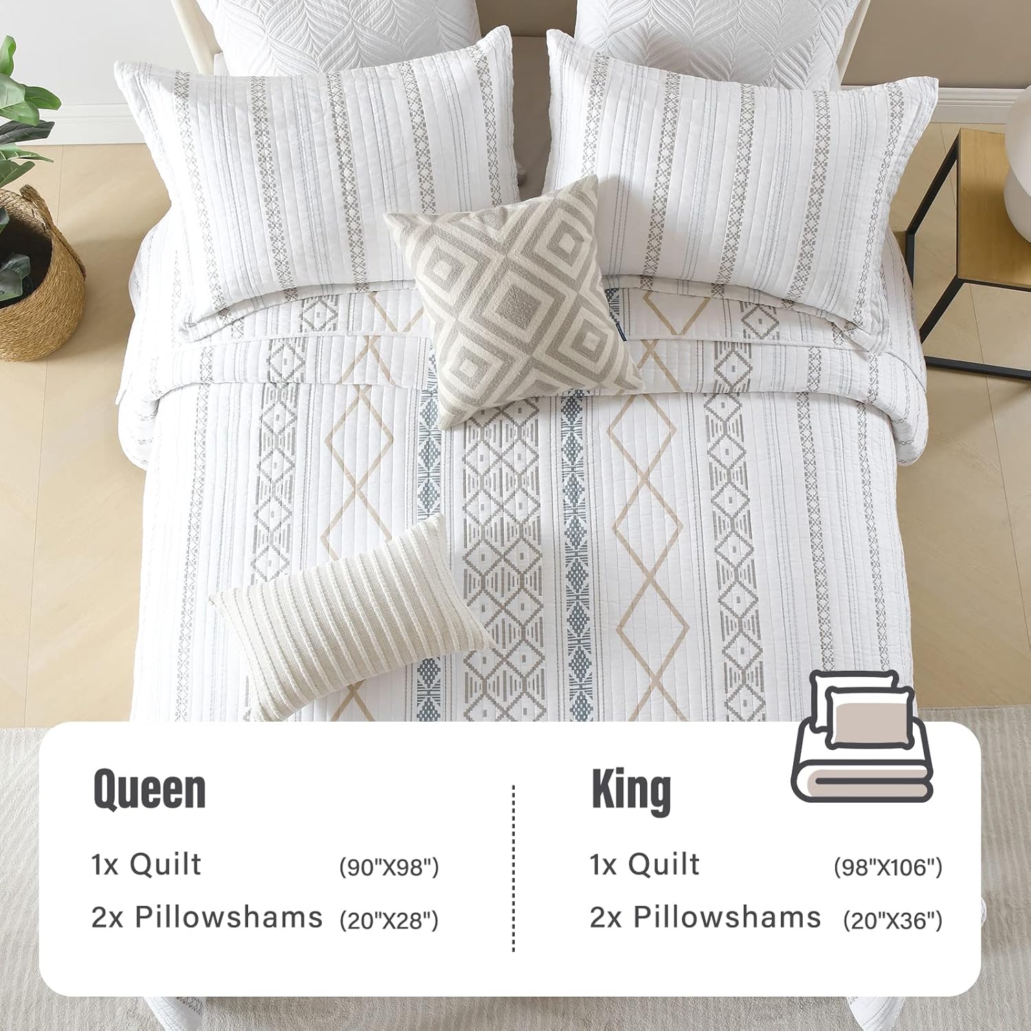 Y-PLWOMEN Geometric Quilt King Size - 100% Cotton Quilt, Striped King Quilt Sets, Lightweight Bohemian King Size Bedspreads for All Season, 3 Piece - Image 4
