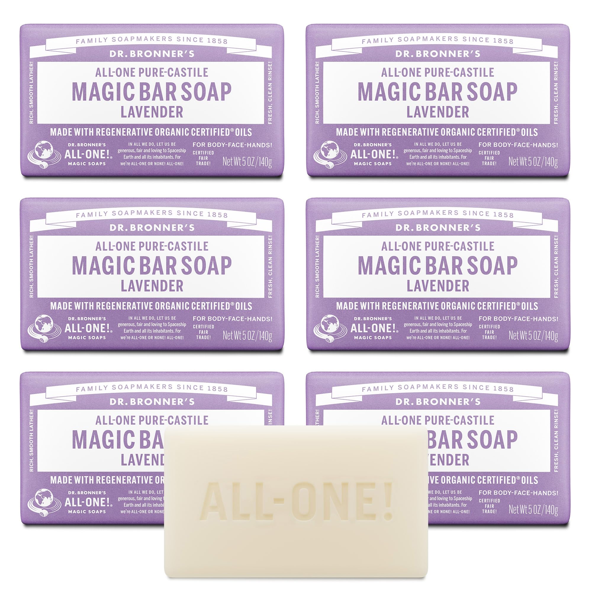 Pure-Castile Magic Soap Bars (Lavender, 5 oz, 6-Pack)- Bath Soap with Regenerative Organic Certified Oils- For Face, Body & Hair - Gentle, Biodegradable, Vegan- Bar Soaps for Men & Women