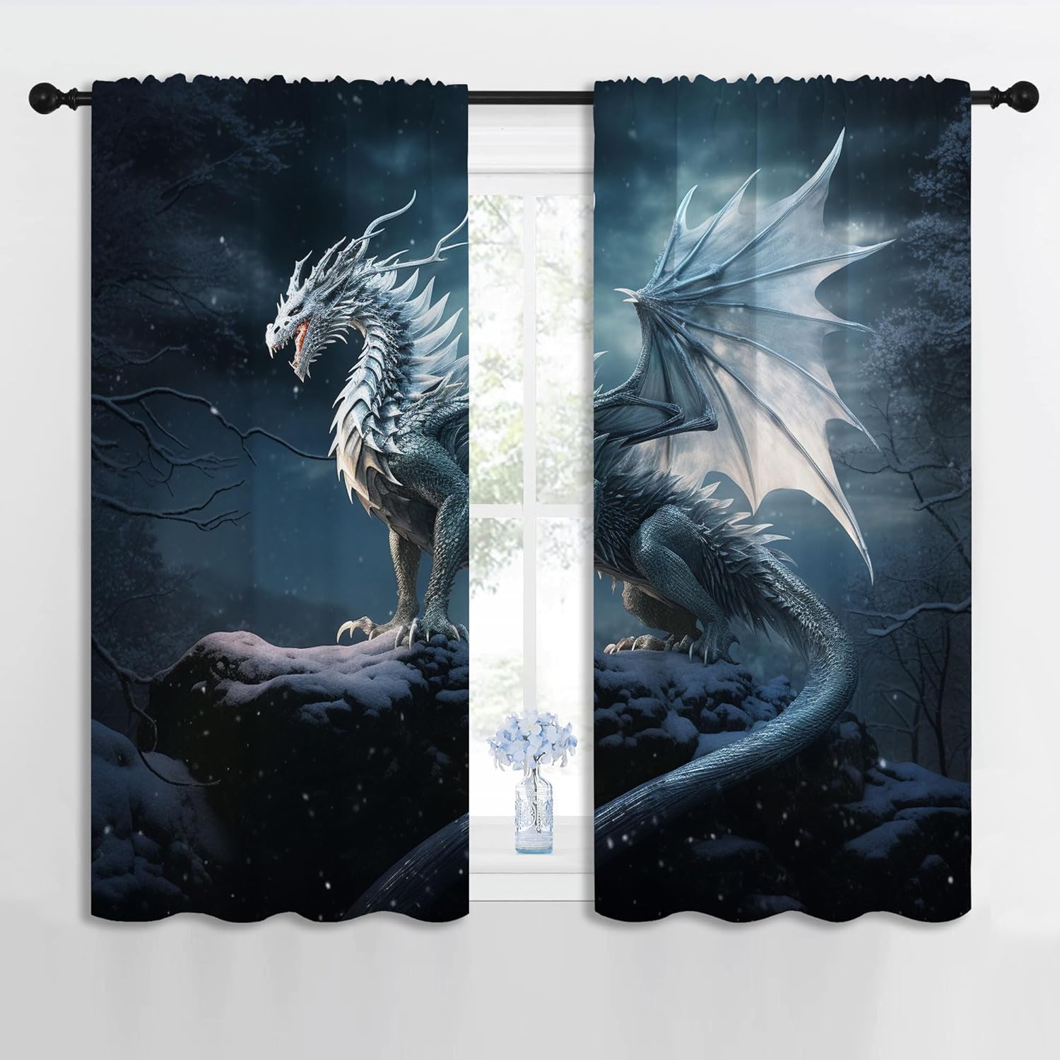Dragon Blackout Curtains for Boys Girl Bedroom Decor,Fantasy Creature Snowflake Forest Thermal Insulated Rod Pocket Drapes Darkening Window Curtain for Living Room Home 42x45 inch