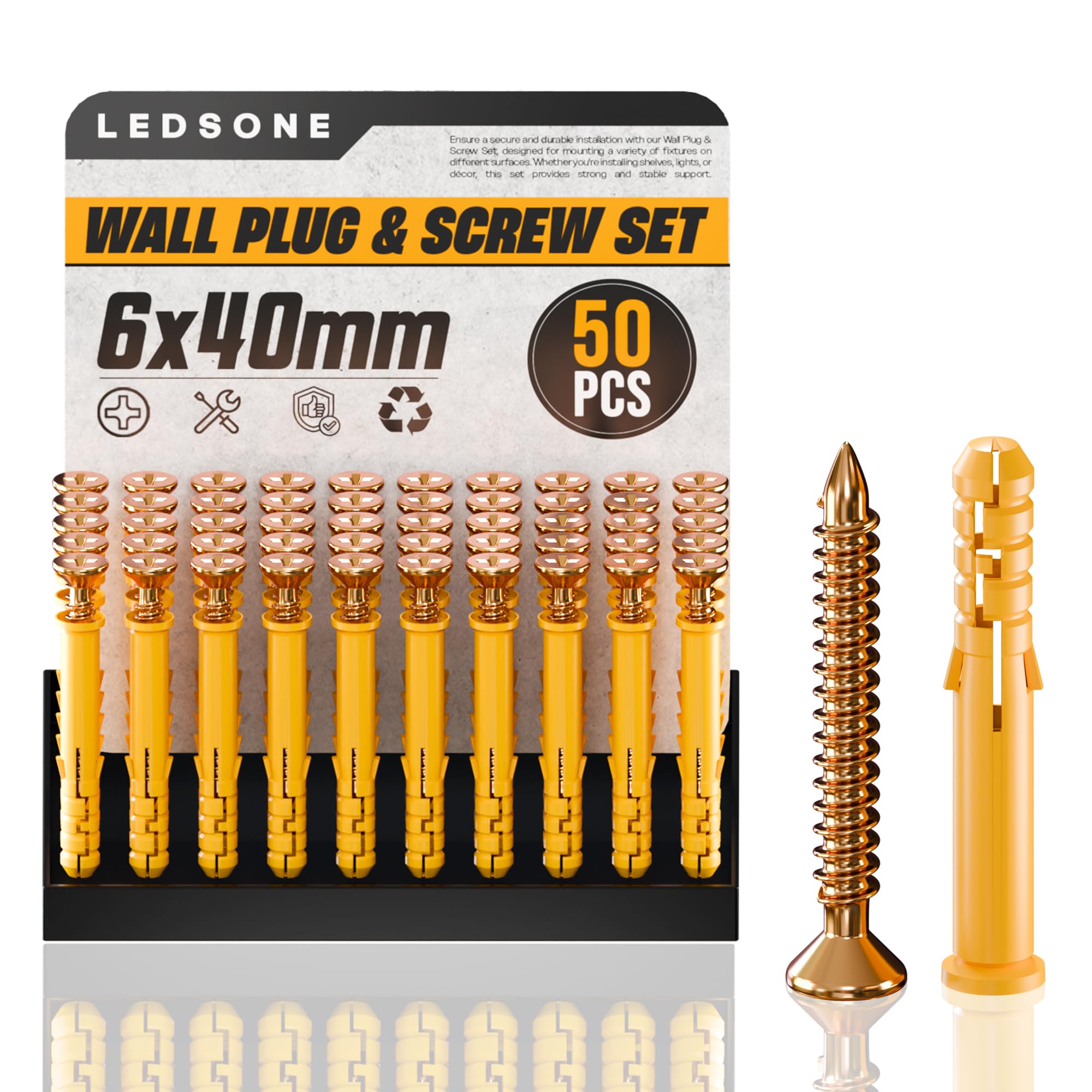 50 Pcs Wall Plugs and Screws Set 6x40mm Masonry Screws Kit, M6 Expansion Anchor Bolts Raw Plug Self Tapping, Heavy Duty for Brick Concrete Drywall Plasterboard Shelves Curtain Rails Mirrors