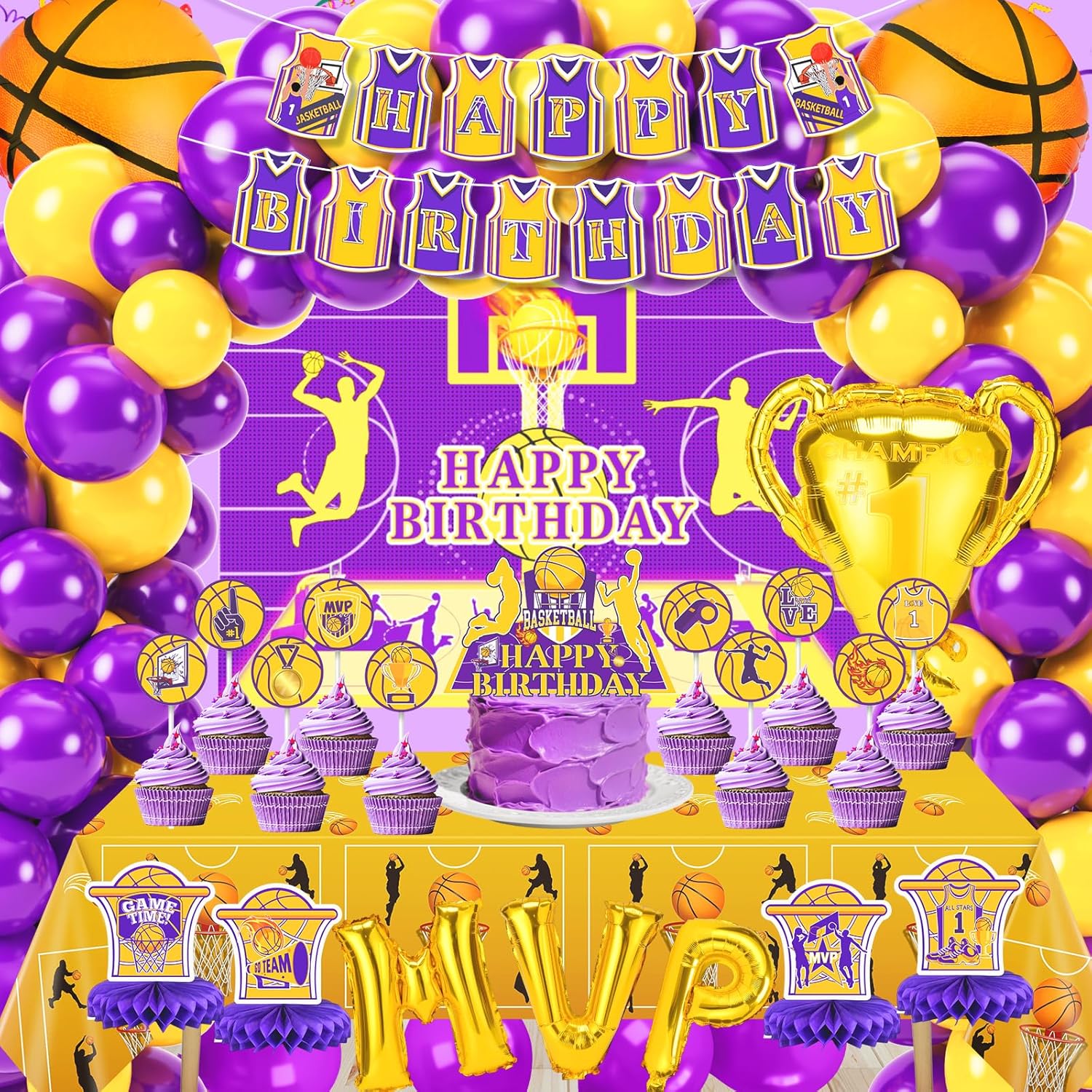 Basketball Party Decorations, 137PCS Basketball Birthday Party Decorations Purple and Yellow Balloons Arch Kit, Basket ball Theme Supplies Backdrop Tablecloth Banners Cake Toppers for Sports - Image 8