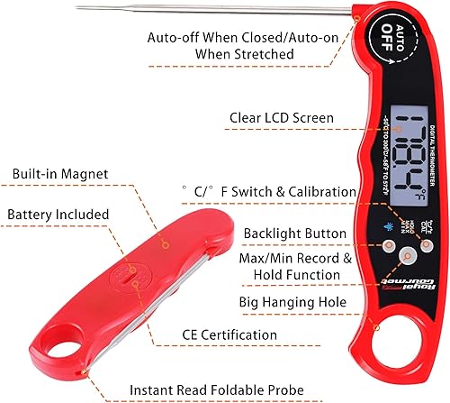 Miniatura 2 de Royal Gourmet TW2002 - Termómetro para alimentos de carne, ultra rápido, impermeable, digital, para cocina, cocina, sonda plegable, apagado Rojo