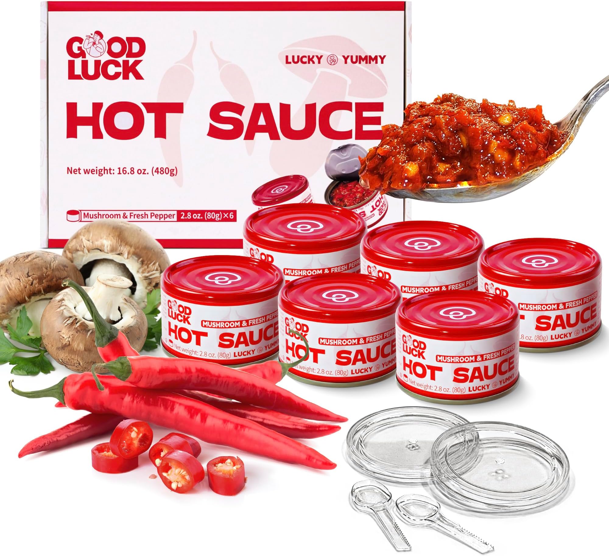 GOOD LUCK Hot Sauce, Spicy Chili Oil with High-Grade Chopped Chili – 6 Cans Chili Paste, Vegan-Friendly, Ideal for Daily Meals, Outdoor Travel & Family Meals Highly Spicy Chili Sauce