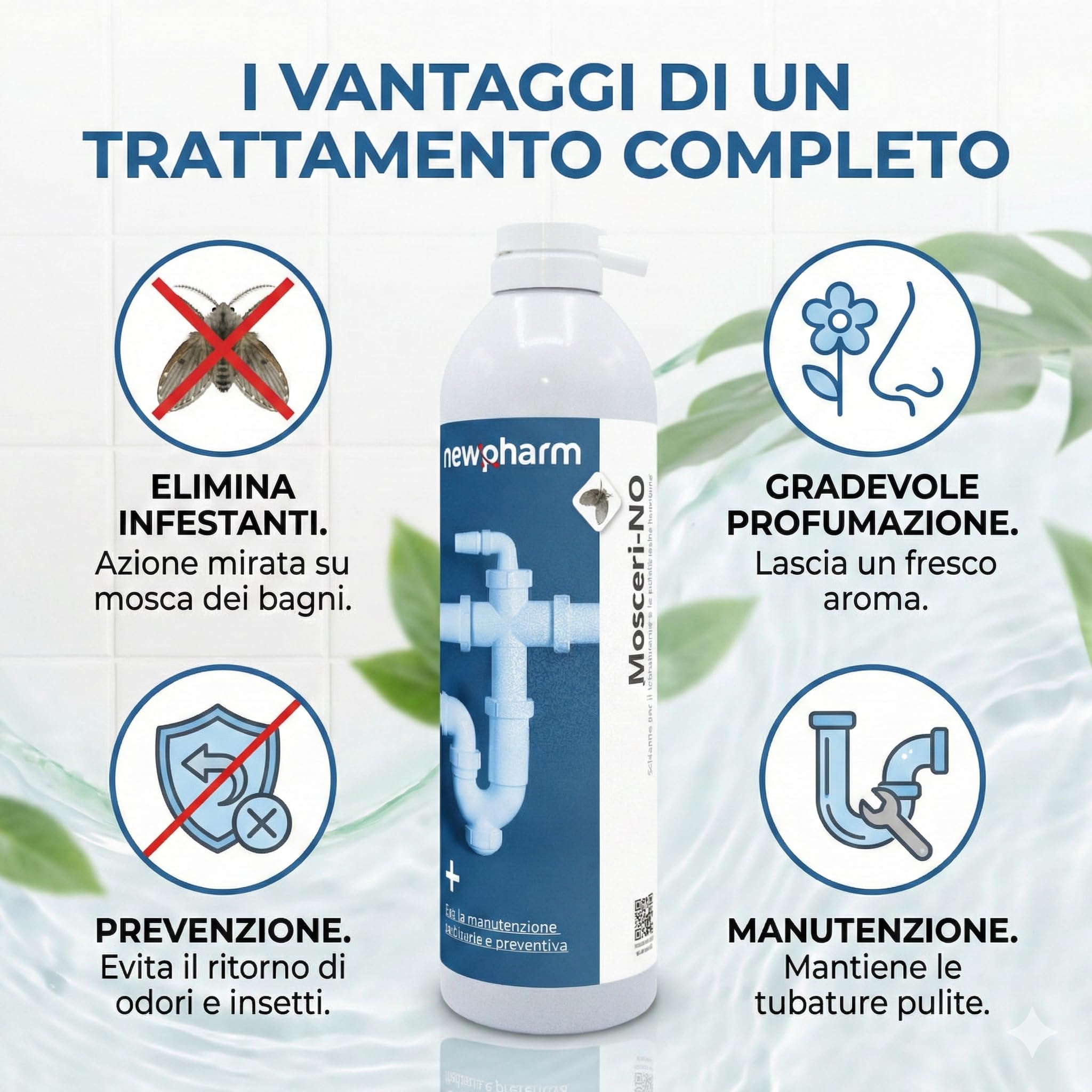 MOSCERI-NO Schiuma Attiva per Tubature – Schiuma Pulisci Tubi Lavandino Anti-Odori e Mosca dei Bagni – Schiuma Pulisci Scarichi Probiotici Biodegradabili – Compatibile Fossa Settica – 500 ml