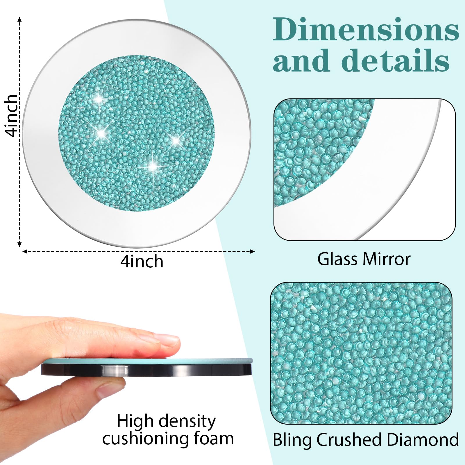 Jetec Mirrored Glass Coaster Set of 6 with 1 Holder 4" Crushed Diamond Round Cup Mat Glitter Crystal Rhinestone Glass Coaster Bling Table Decor for Bar Kitchen Gift for Christmas(Mint Green,4 Inch) - Image 3
