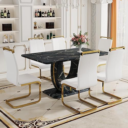 63" Black Faux Marble Dining Table for 6, Set of 6 PU Leather Upholstered Chairs