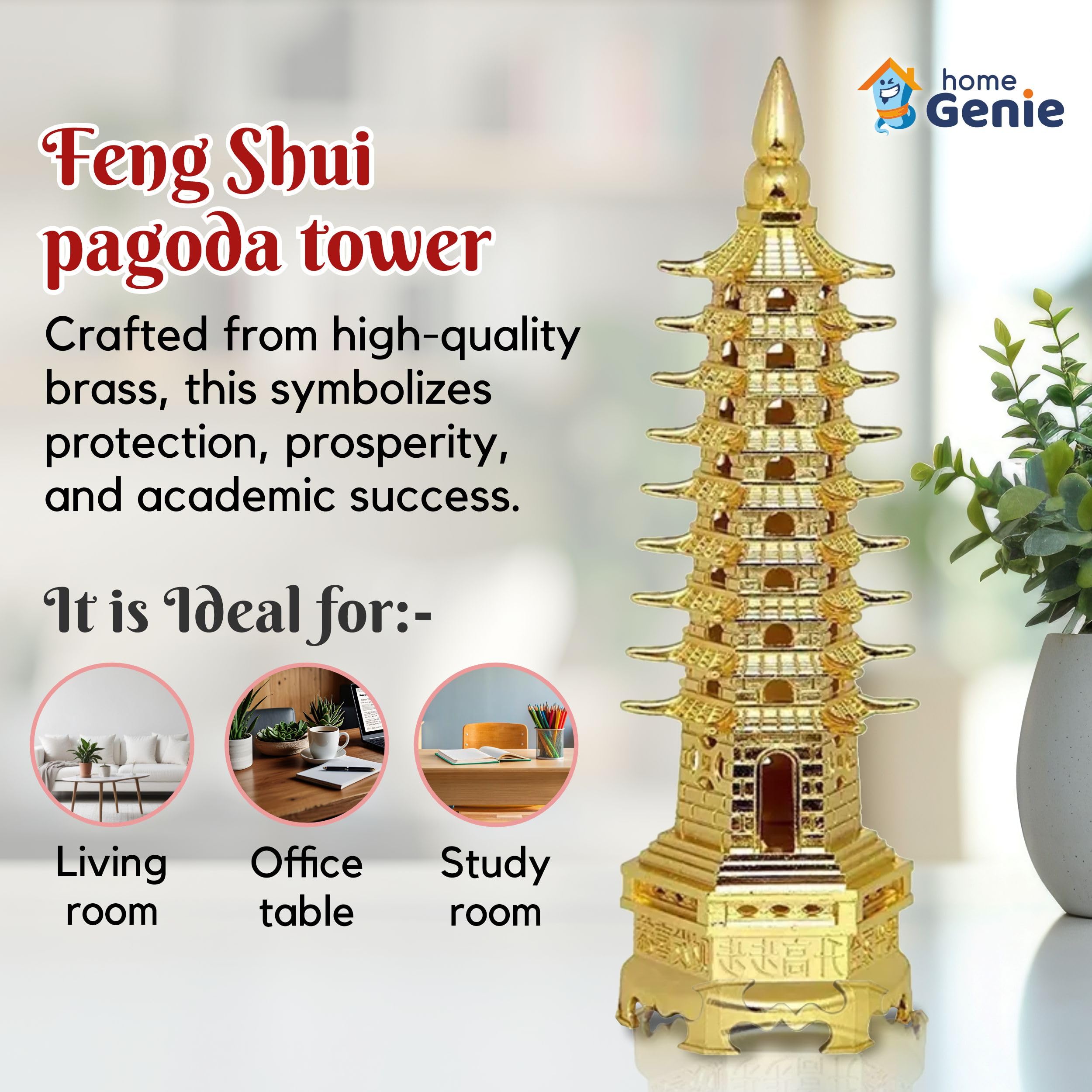 HOME GENIE"Brass Feng Shui Pagoda Tower/Education Tower, Golden - Image 3