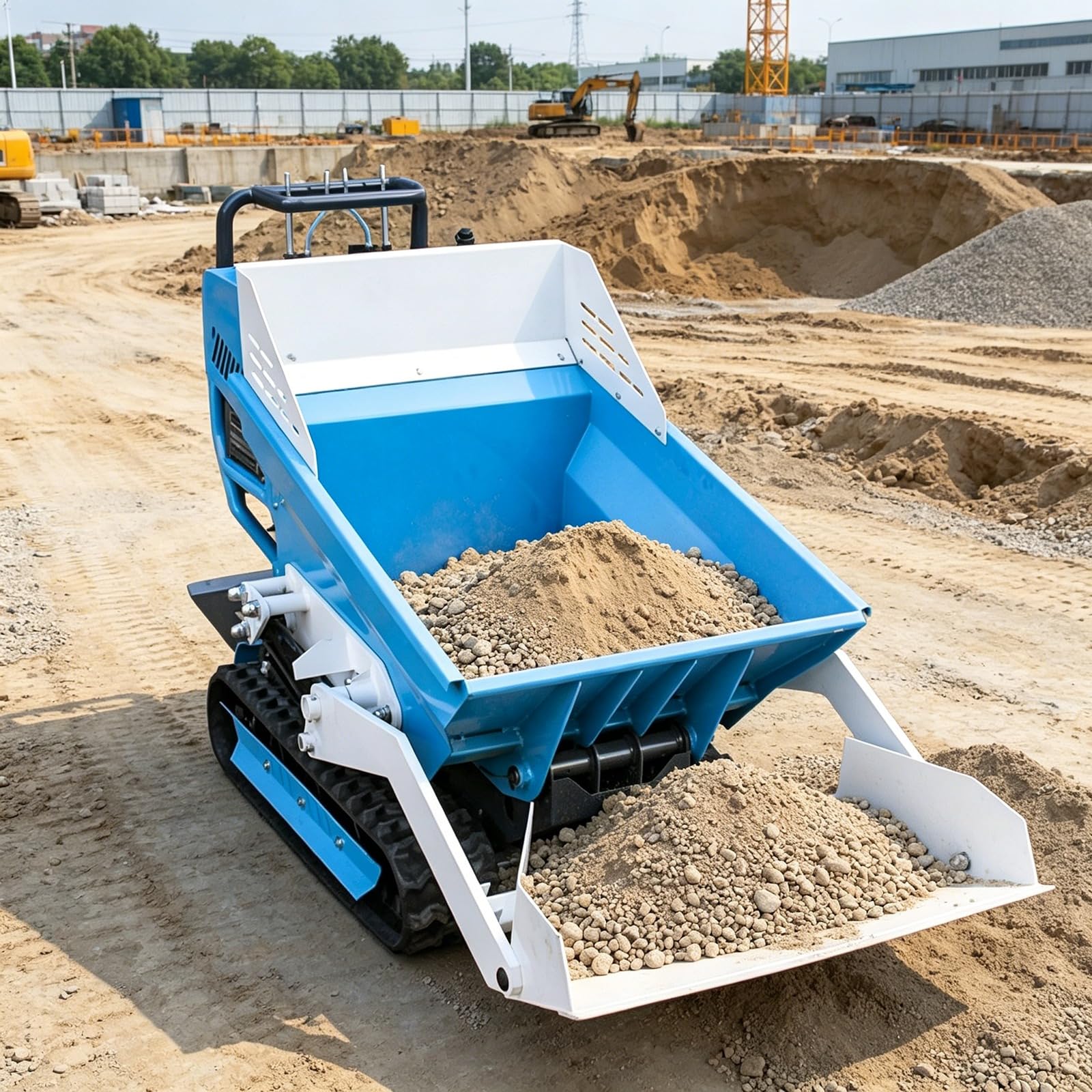 Mini Dumper de oruga con función de descarga hidráulica, portador de orugas compacto para transporte de tierra de arena en paisajismo residencial y proyectos pequeños en lugares de trabajo