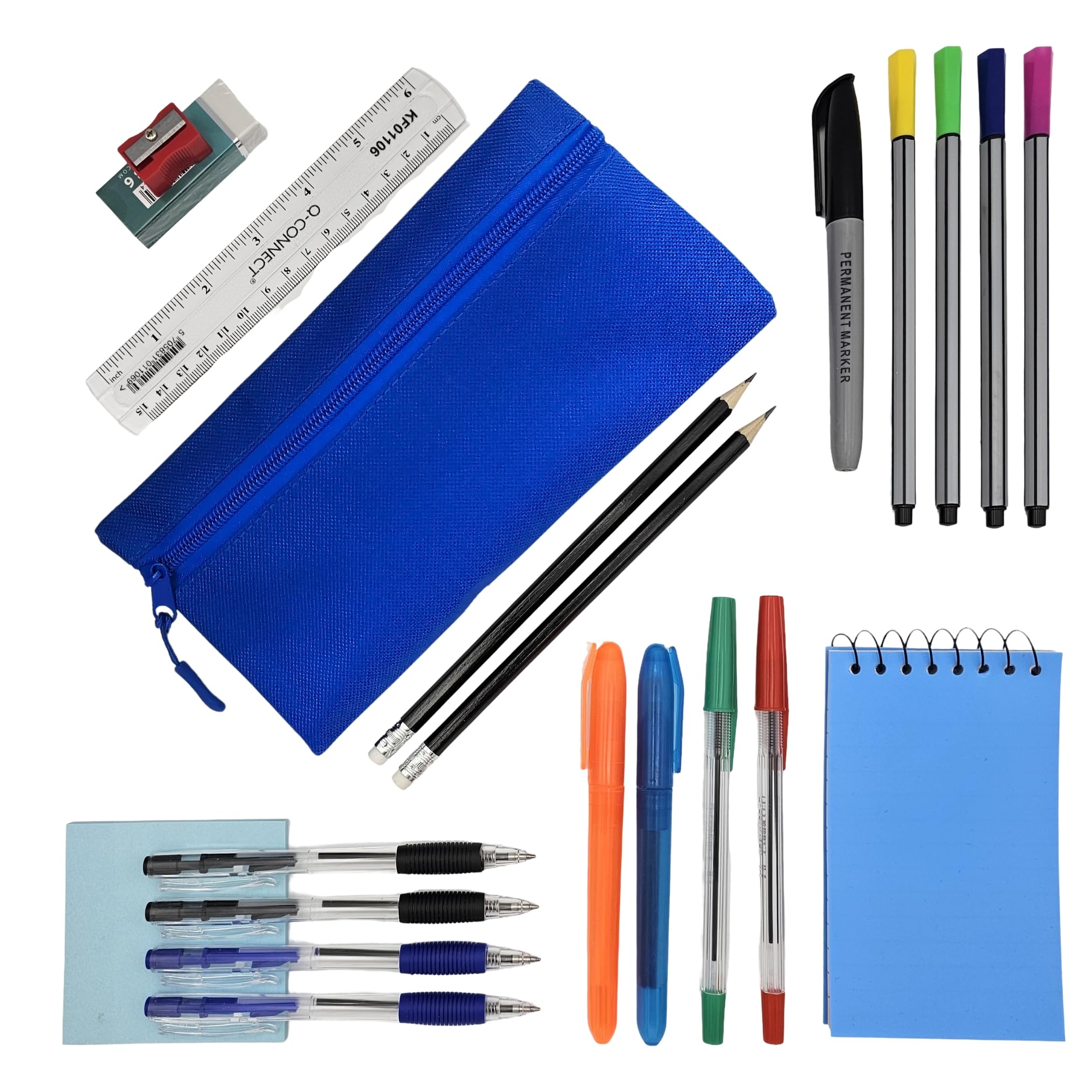 Kitastik Filled Pencil Case with University Essentials Stationery, Blue Woven Pencil Case Set