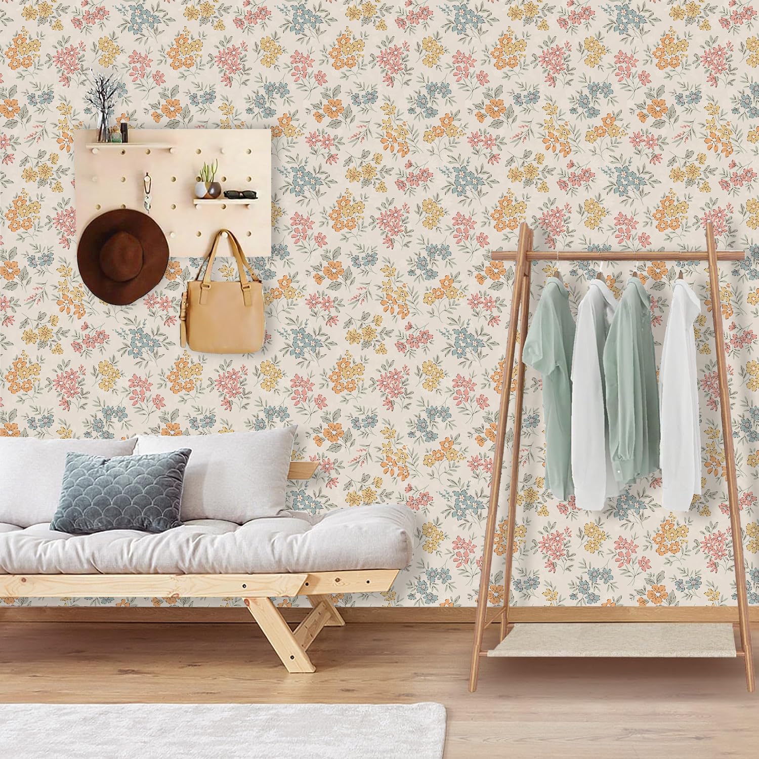 LwenSnow Peel And Stick Floral Wallpaper – Vintage Blue/Pink/Yellow Removable Vinyl Contact Paper, 17.7" X 118" Roll For Bedroom, Cabinets & Shelves
