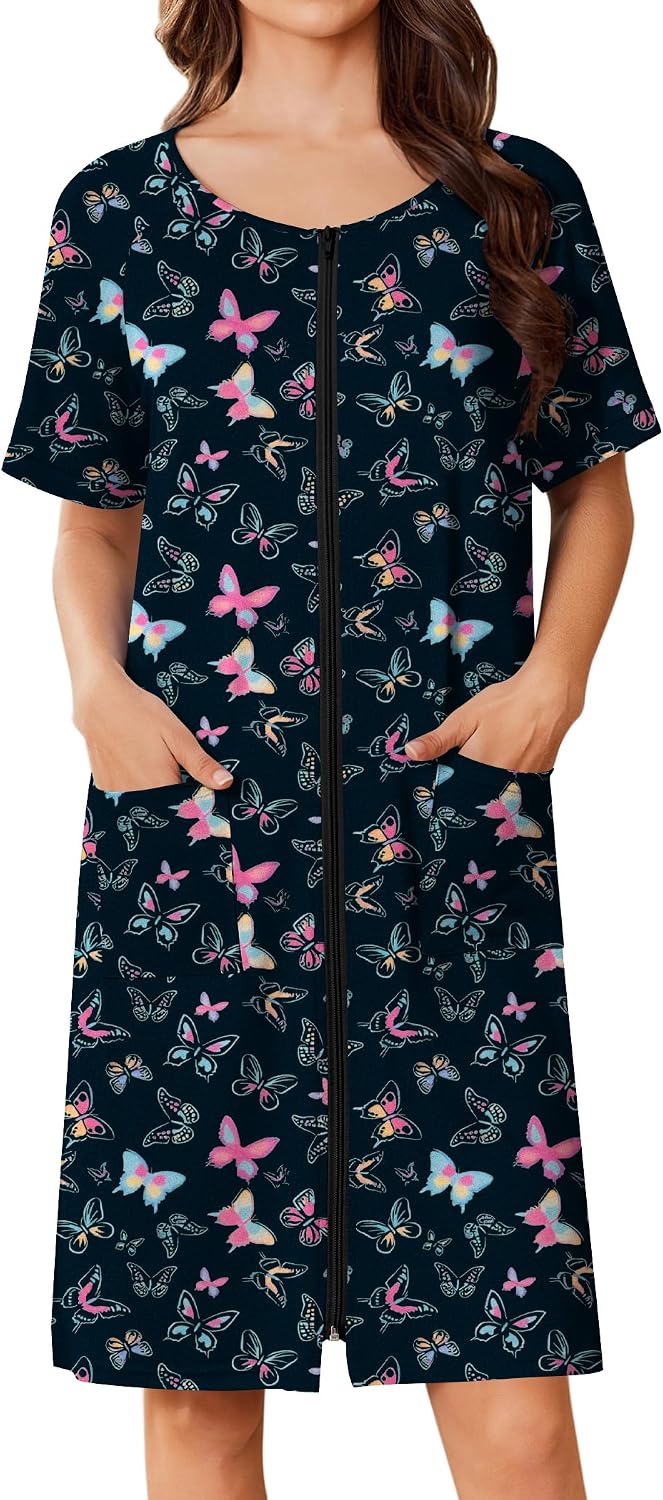 Ekouaer Women Zip Up Robe Short Bathrobe Lightweight House Coats Floral Print House Dress with Pockets Nightgown S-3XL