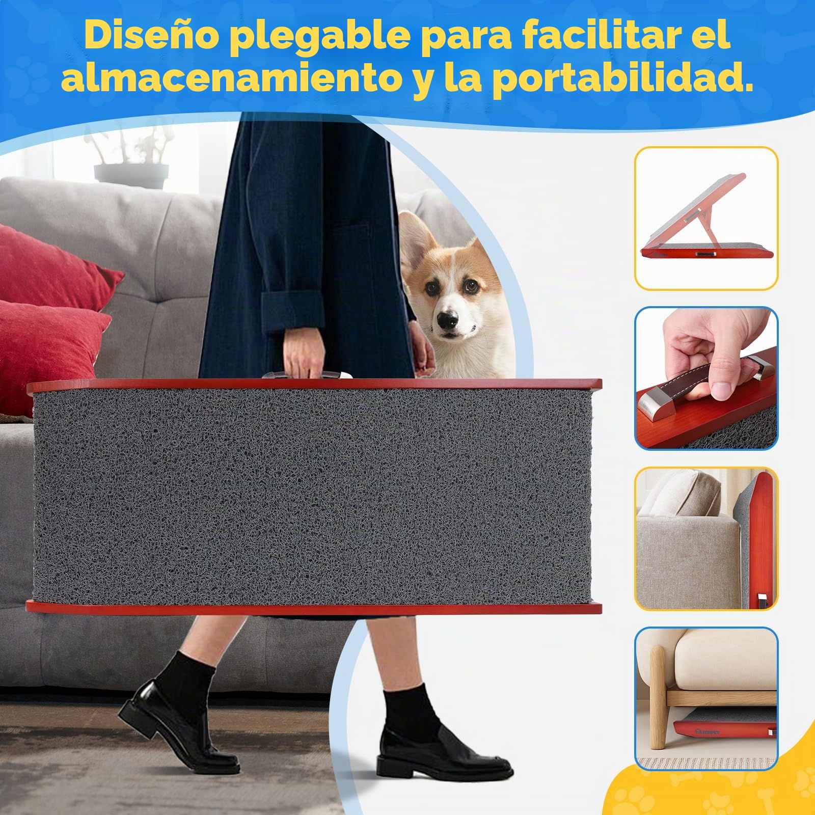 Rampa para perros - Ajustable 34-61,5 cm Diseño de protección contra el lavavajillas Madera de abedul plegable para cama sofá coche, antideslizante para mascotas