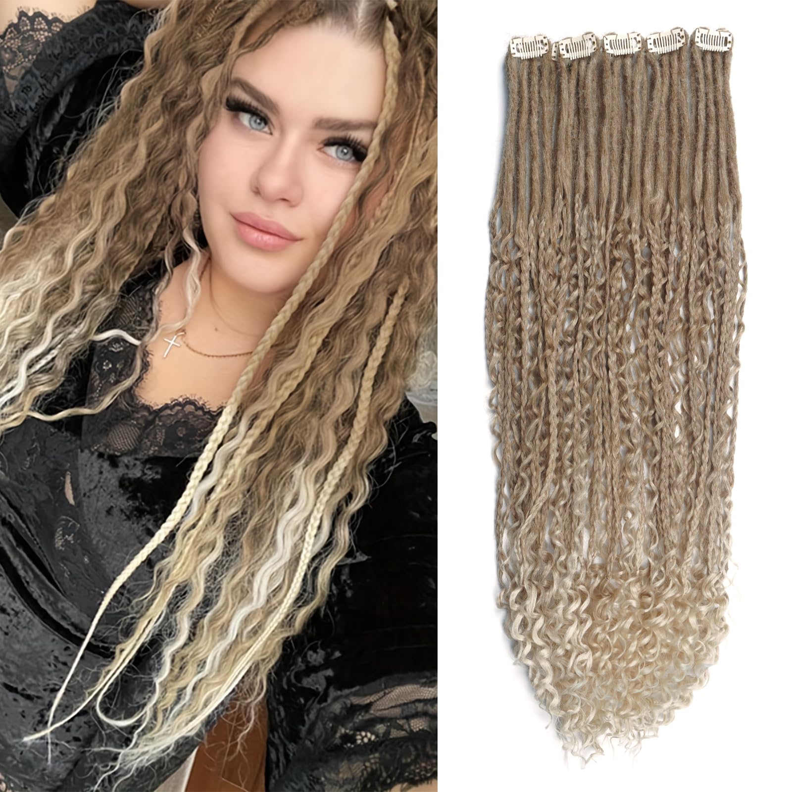 Boho Double Ended Dreadlock Extensions Clip In, 6PCS DE Curly Dreads with Box Braid Ombre Brown 24 inch Synthetic Crochet Bohemian Dreads for Woman