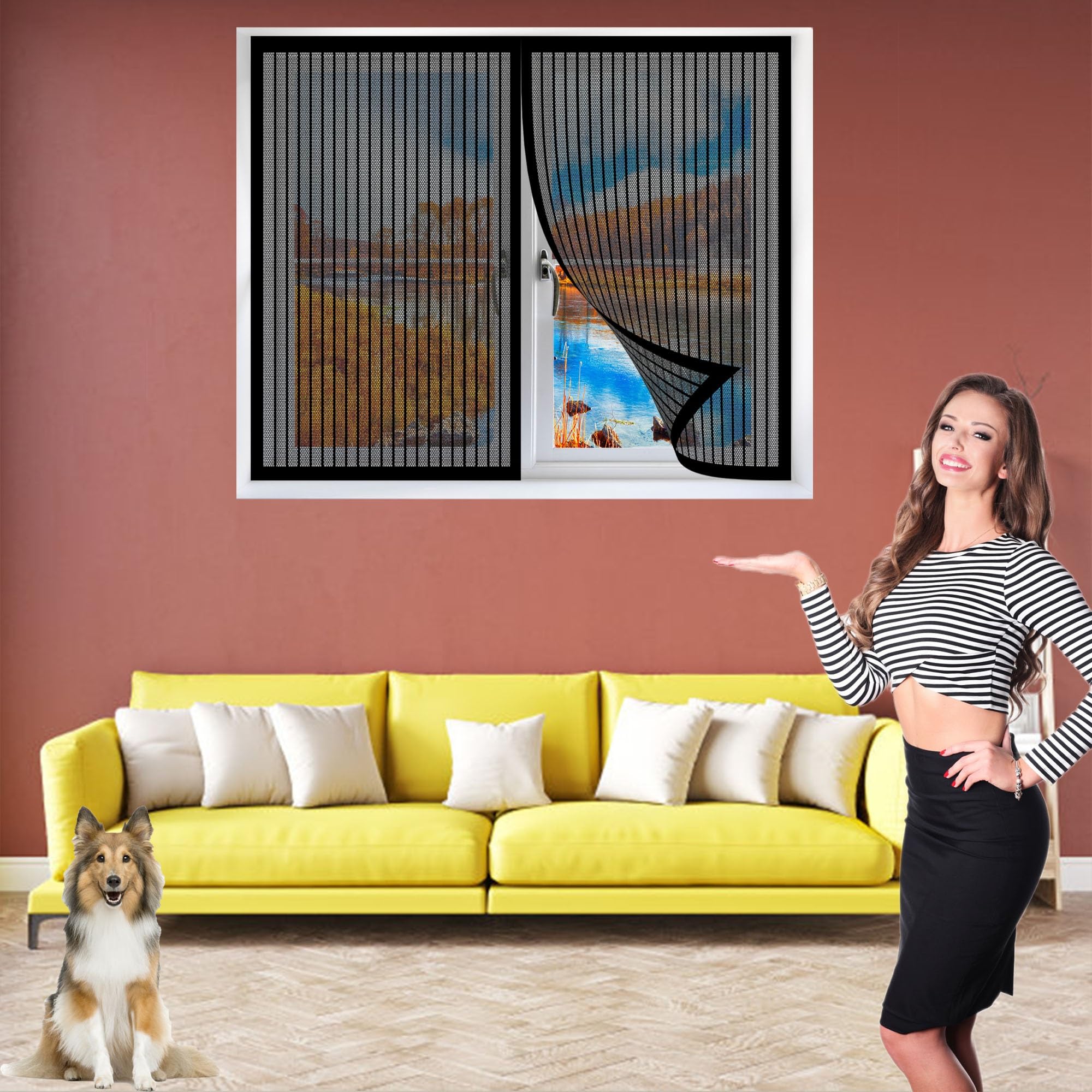 Premium Slim Fliegengitter 220 x 250 cm Profi Insektenschutz Insektenschutz Klettband Klebmontage Ohne Bohren für Alle Arten von Fenstern, Schwarz