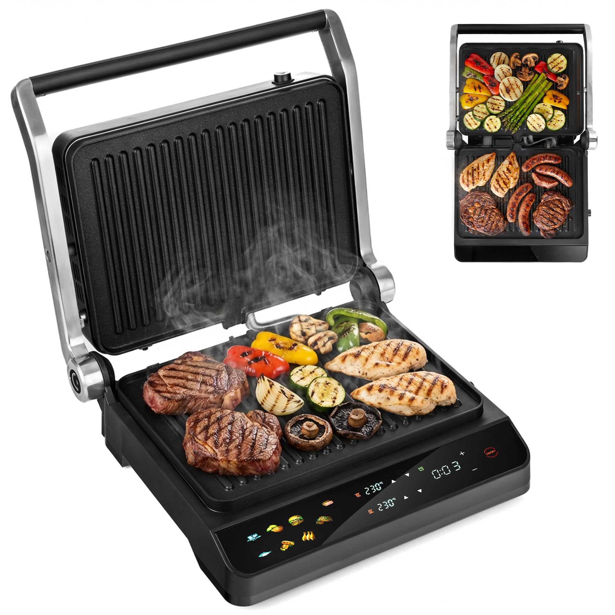 LEHMANN Bistecchiera Elettrica, 2000 W, Apertura 180°, Piastre Antiaderenti Rimovibili, 10 Programmi, Regolazione Temperatura 90-230°C, Timer 1-240 min, Griglia per Cucinare Carne, Pesce e Verdure