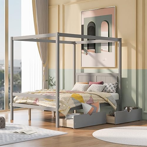 CITYLIGHT Base de cama con dosel, cama de plataforma de tamaño matrimonial con 2 cajones, cama de madera con cabecera y estribo, cama matrimonial