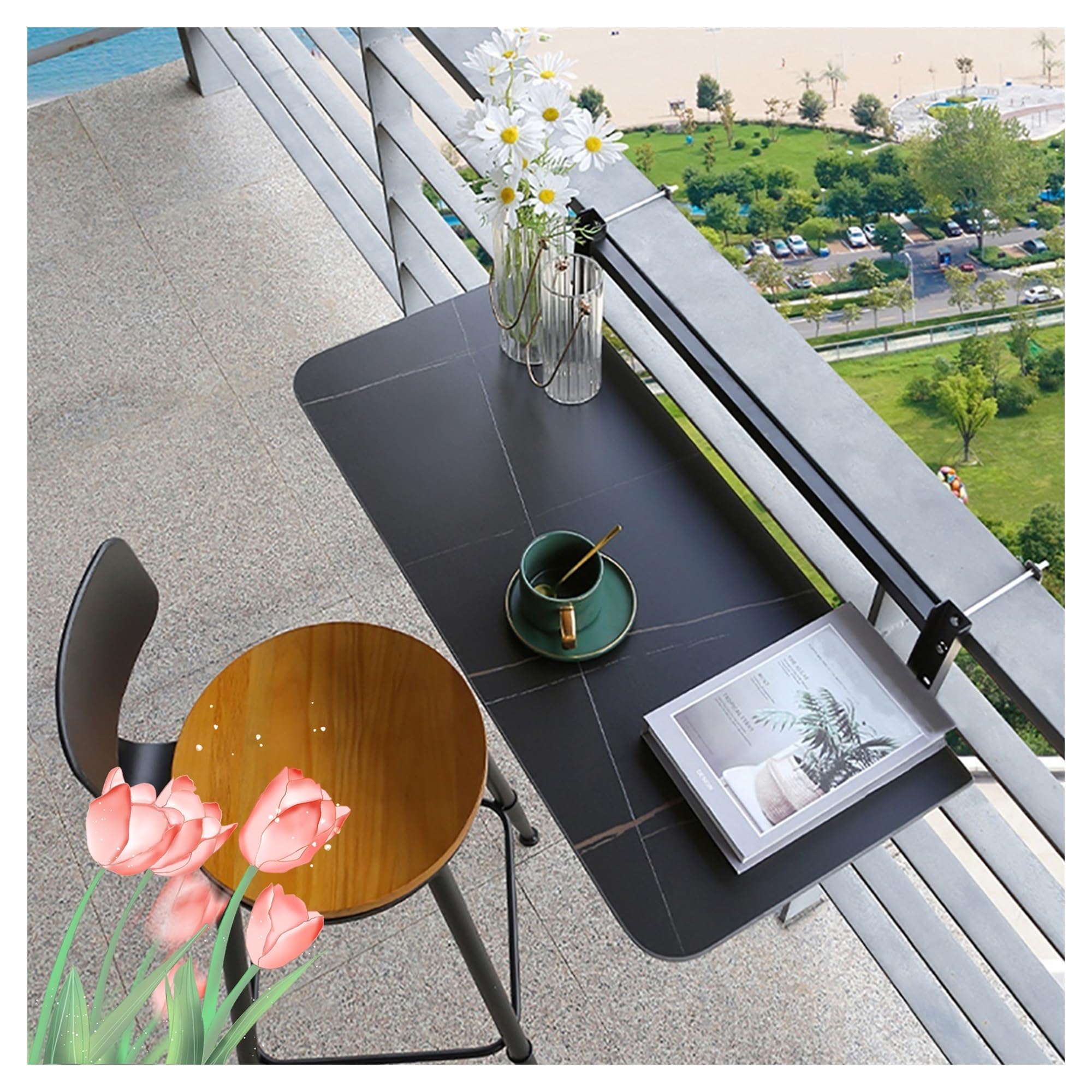 Tavolino Da Balcone Sospeso COSTWAY – Pieghevole, Per Ringhiera Fino A 6 Cm, Porta 23 Kg, Dimensioni 60,5x50,5x51 Cm, Struttura In Metallo Nero