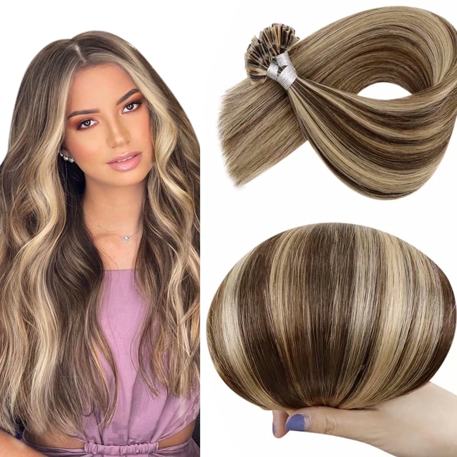 Hetto Pre Bonded Utip Hair Extensions Brown U Tip Extensions Remy Human Hair Pre Bonded Human Hair Extensions Straight Dark Brown with Caramel Blonde 4P27 16 Inch 50g