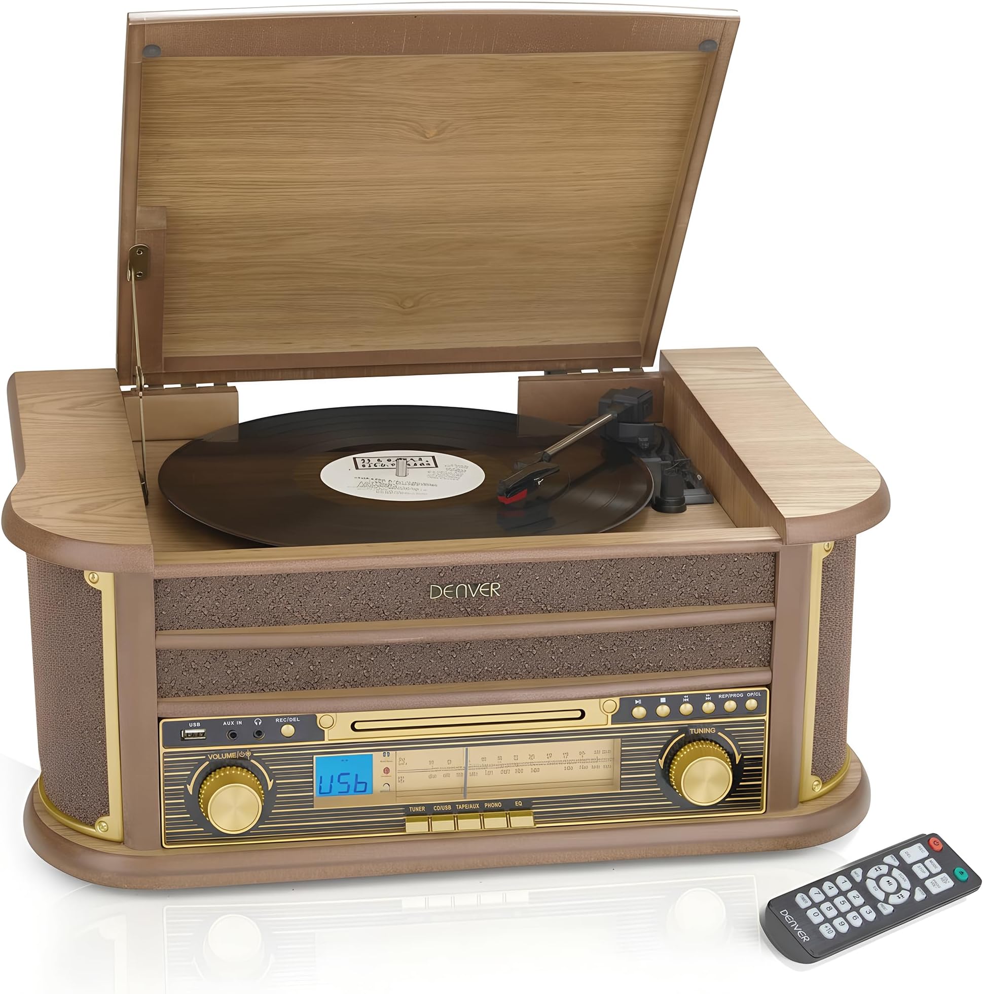8-in-1 CD Bluetooth Cassette Player Retro Wooden Record Player HiFi System – 3 Speed Vinyl Turntable & Cassette With CD Player, FM/AM Radio, MP3 USB Recording, AUX IN And Line Out – MCR-50BT