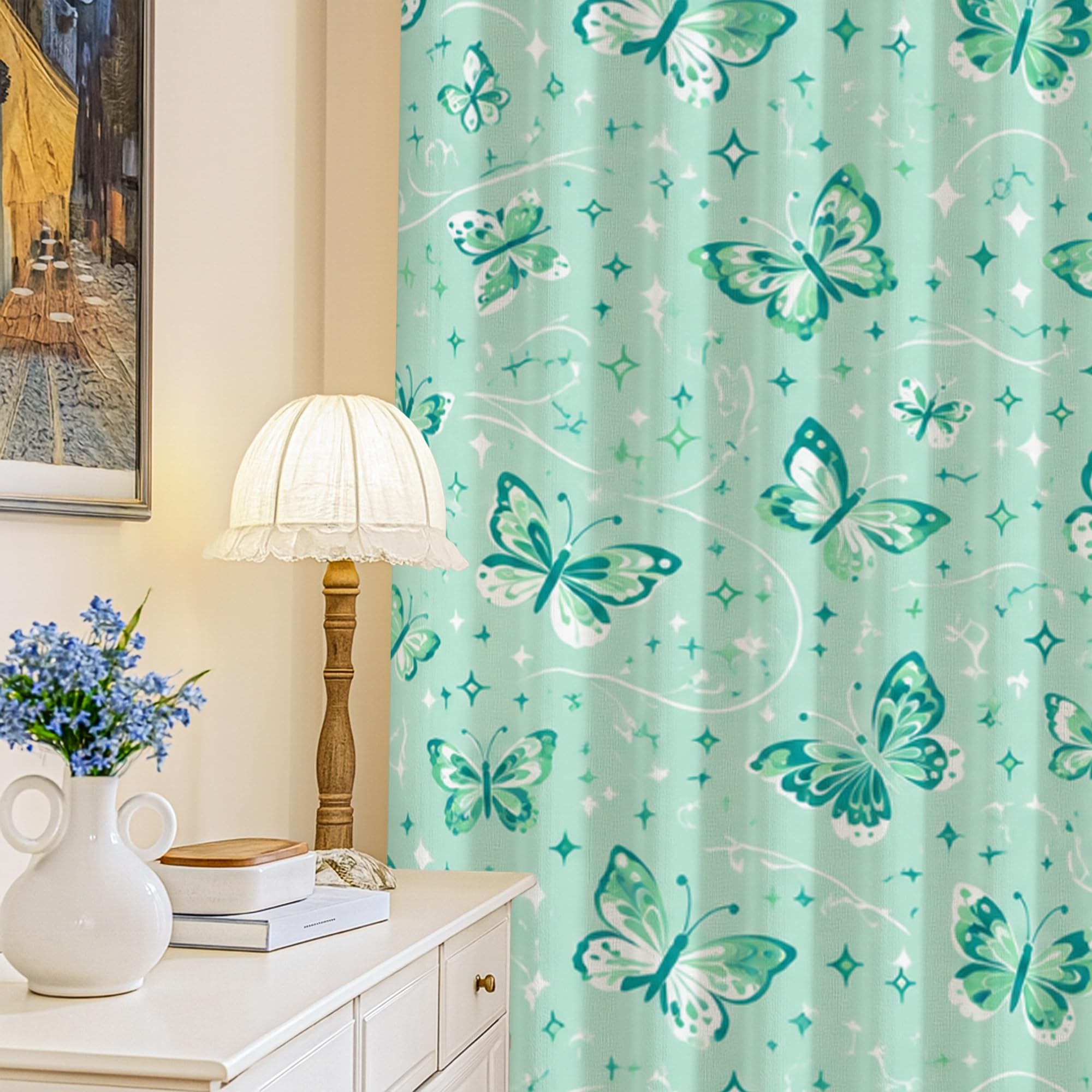 Rideaux occultants motif papillon turquoise 132x213cm