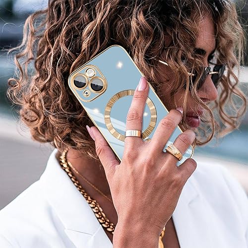 Miniatura 5 de Funda azul para iPhone 15 compatible con Magsafe protector de lente de cámara integrado borde chapado suave a prueba de golpes magnético para iPhone