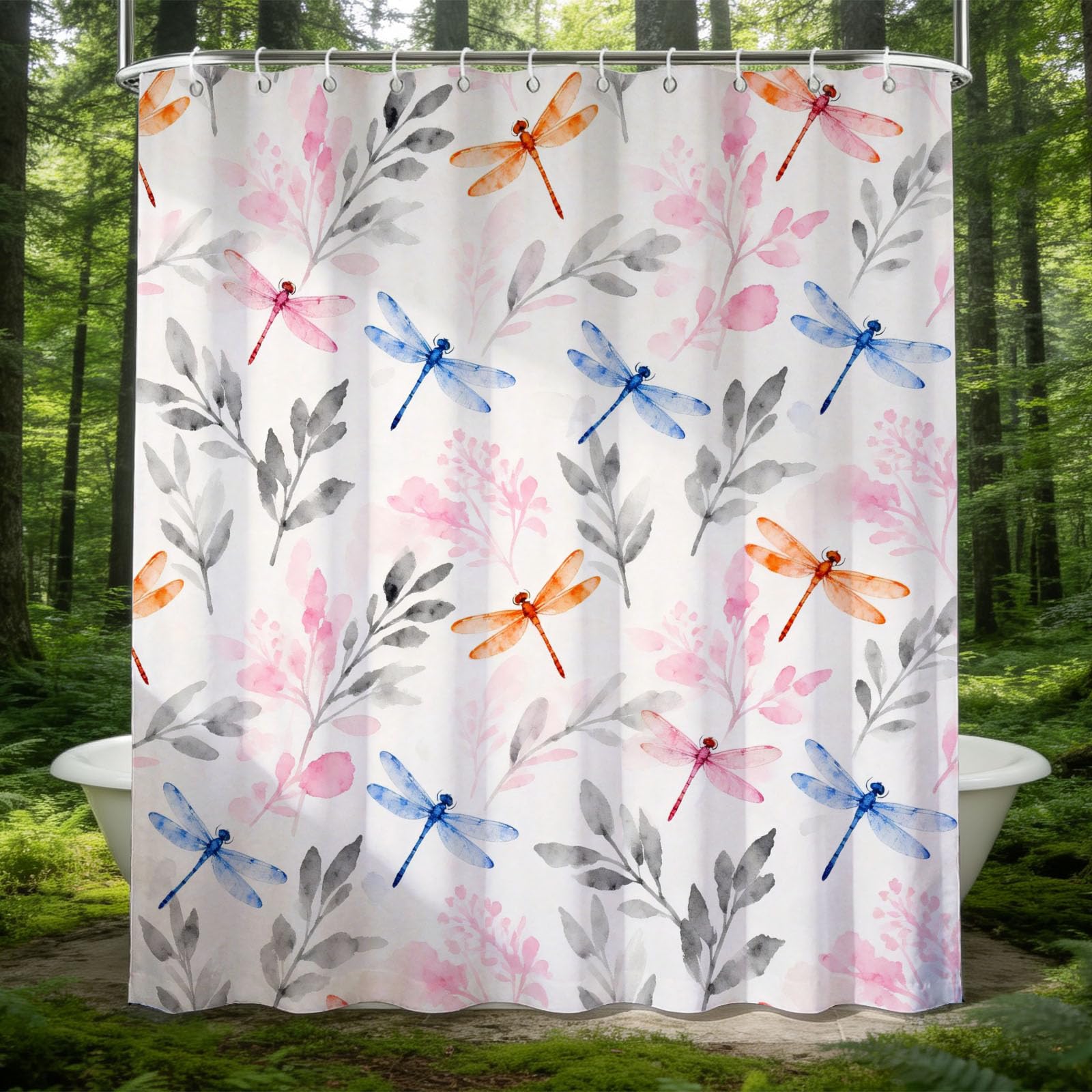 Hongduo 3D Cartoon Dragonfly Shower Curtain for Stalls Bathtubs Floral Flowers Bathroom Decor Shower Curtain Set Polyester Fabric Waterproof 180x200cm/71X79 Inch with Hooks