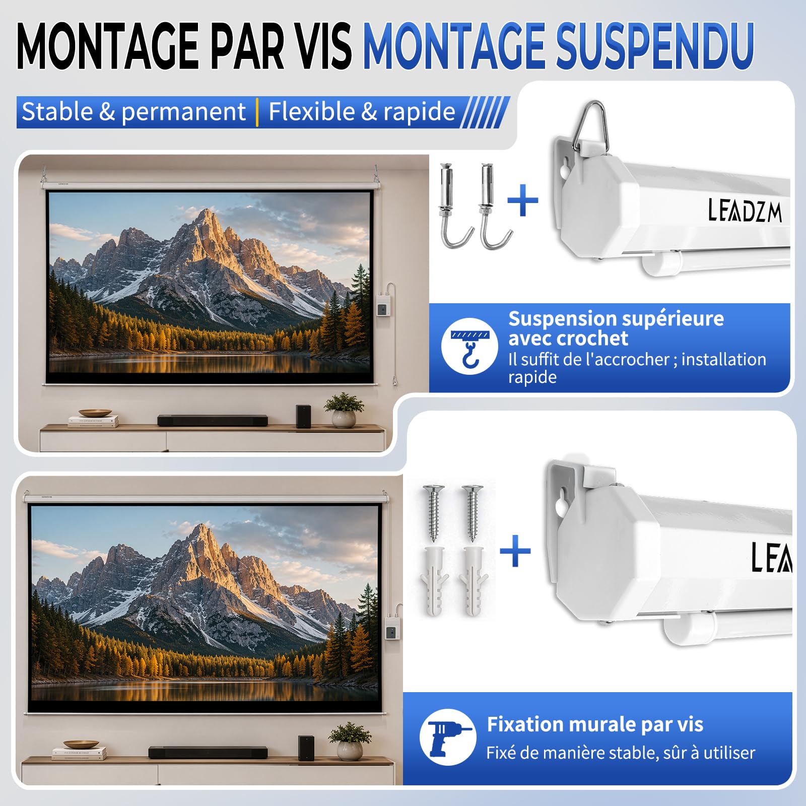 LEADZM Ecran Videoprojecteur Motorisé de Projection 84 Pouces 4:3 4K