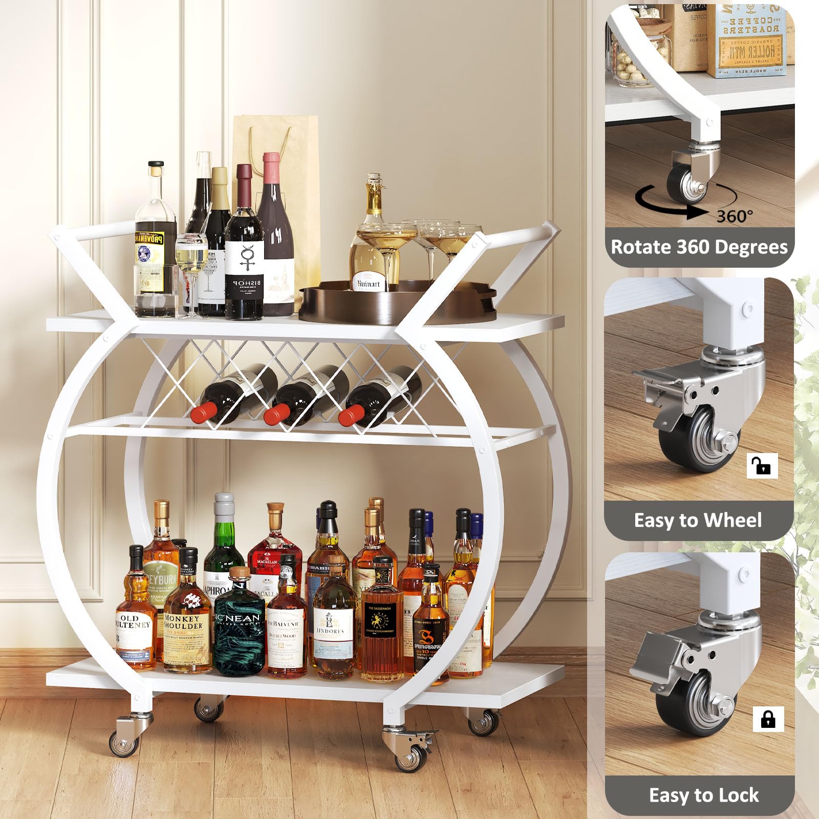 LVB Carrello Portabevande Bianco, Carrello Bar Moderno con Ruote, Mobile per Vino/Cucina, Design Elegante con Ripiano, Adatto a Soggiorno o Dining