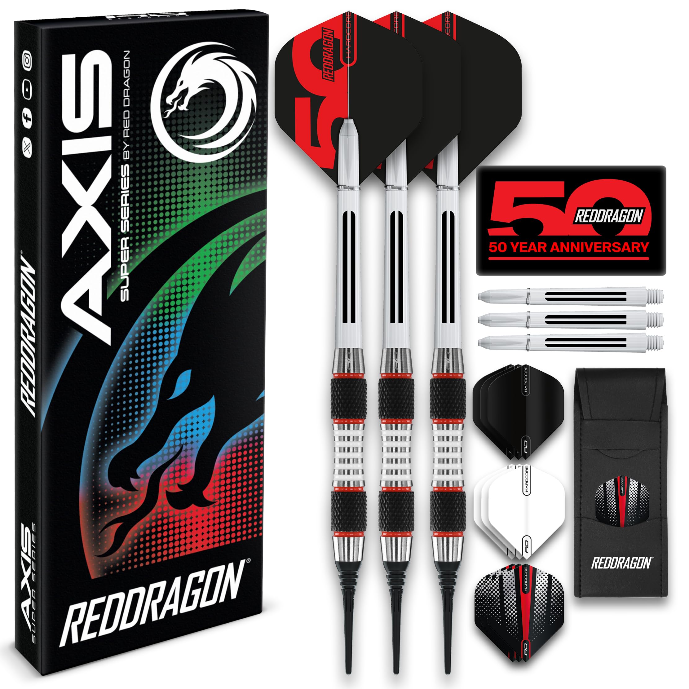 RED DRAGON Darts - Axis Series - Professional Darts Set - Available in 18g Soft Tip, 24g, 26g, 28g Steel Dart Set - Including Flights, Shafts (Stems) & Dart Case
