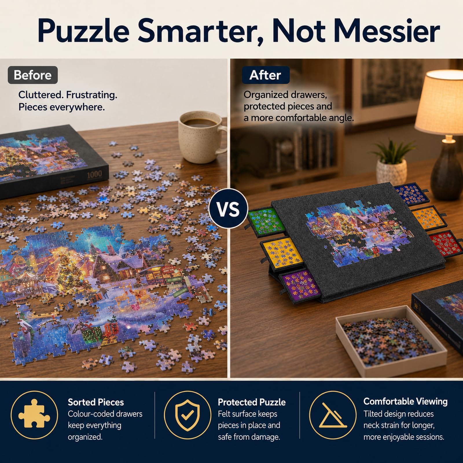 Table puzzle rotative 2000 pièces avec 6 tiroirs et couvercle