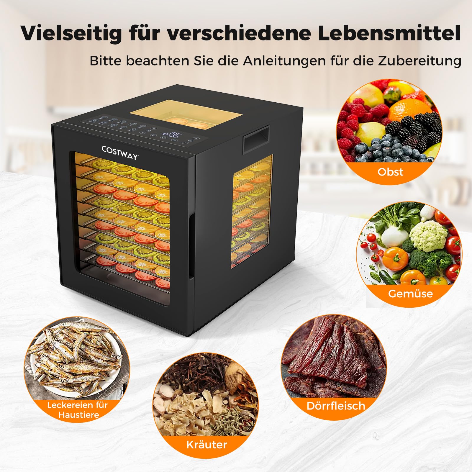 COSTWAY 850W Dörrautomat inkl. 10 Edelstahl-Schalen, Dörrgerät mit 10 voreingestellten Programmen, 48H Timer & 30-75℃ Temperatur, Lebensmittel-Trockner für Obst, Gemüse, Fleisch