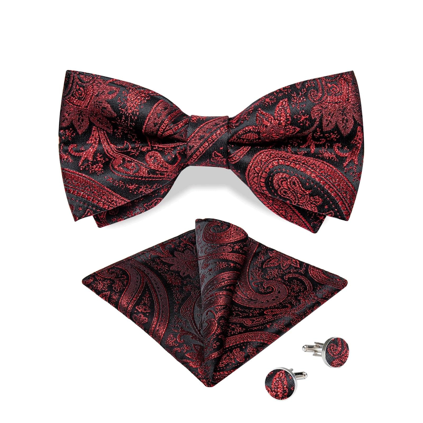 FENOKD Adjustable Wedding Bow Tie and Pocket Square Cufflinks Set Paisley Pre-Tied Party Knot (White Dinosaur Doodle4 As Shown)