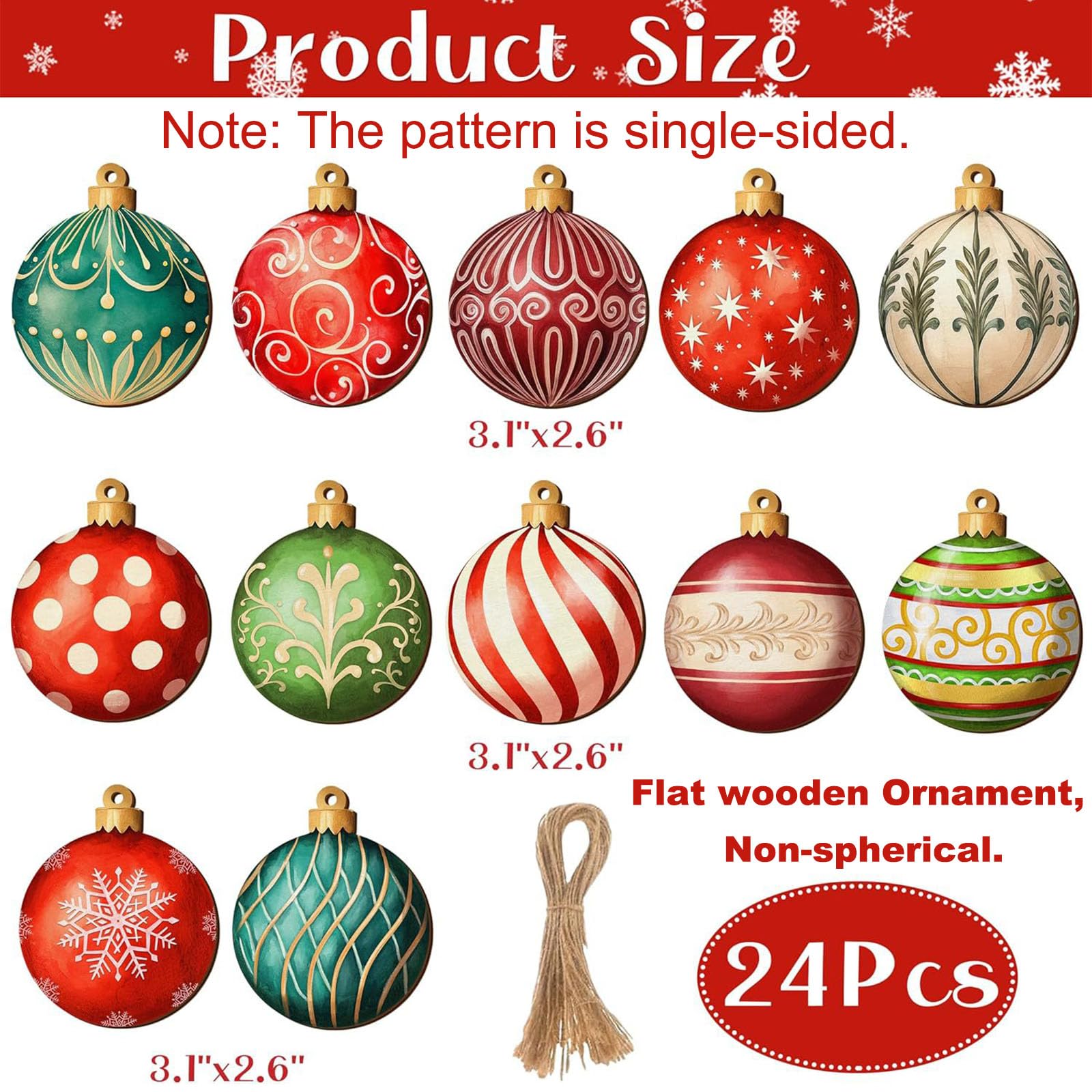24 Piezas Adornos Arbol Navidad Bola de Madera, Set de Decoracion Arbol de Navidad con SOGA, Adornos Navidad Arbol Apto para Colgar, Christmas Tree Decorations para Niños y Adultos