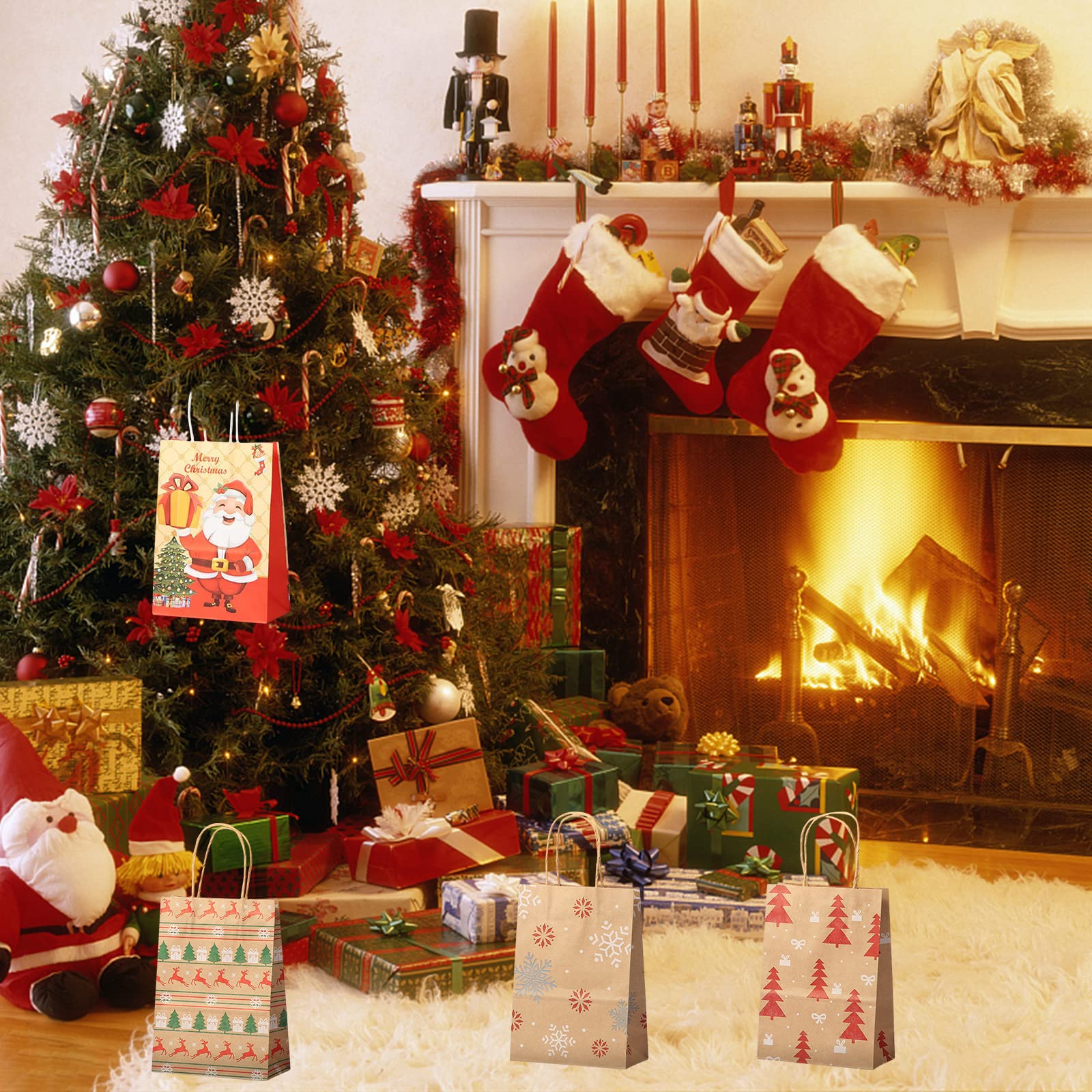 12 Sacs En Papier De Noël,sacs Cadeaux, Sacs En Papier Avec Anse,sacs De Noël Sacs De Bonbons,brun Papier Kraft Fournitures De Fête De Noël,sac En