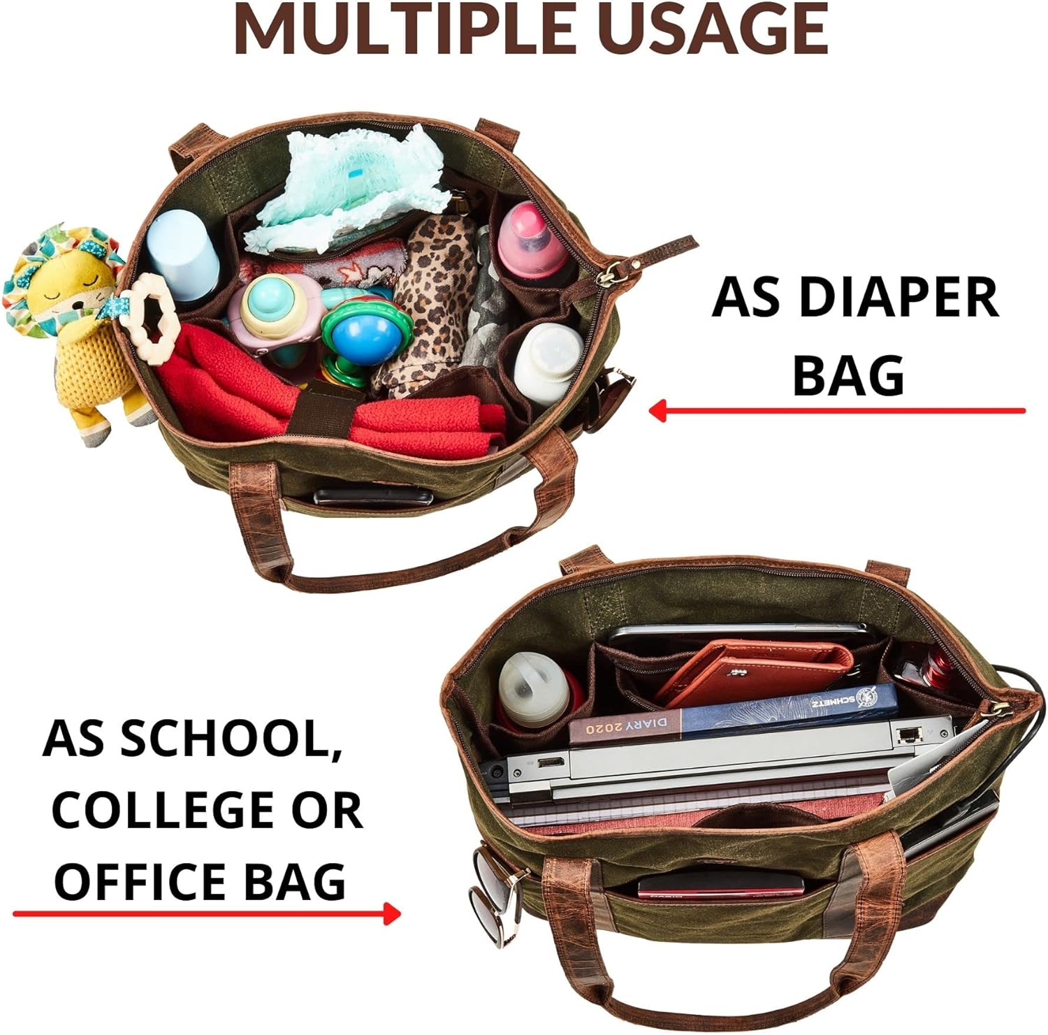 Tote Bag for Women Real Leather Shoulder Handbag Organizer Water Repellent Waxed Canvas - Image 5