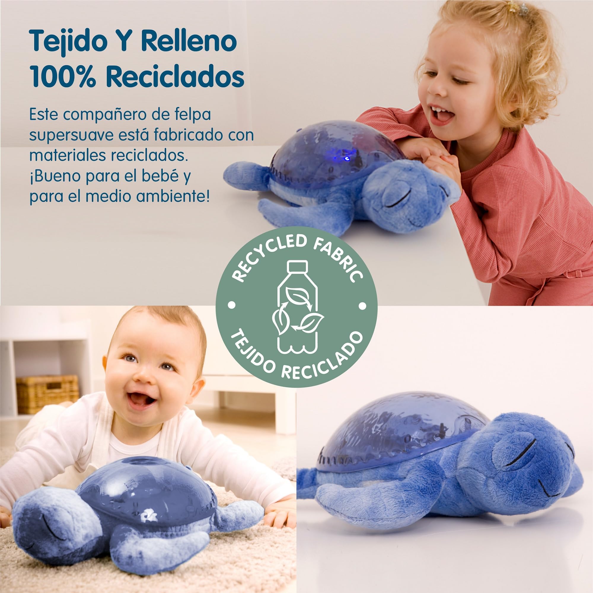 Cloud B Nightlight Musical Tranquil Turtle™ Recargable Ocean | Proyecciones submarinas | 4 sonidos relajantes | Brillo ajustable| Temporizador | Detector de llanto | Tejido reciclado