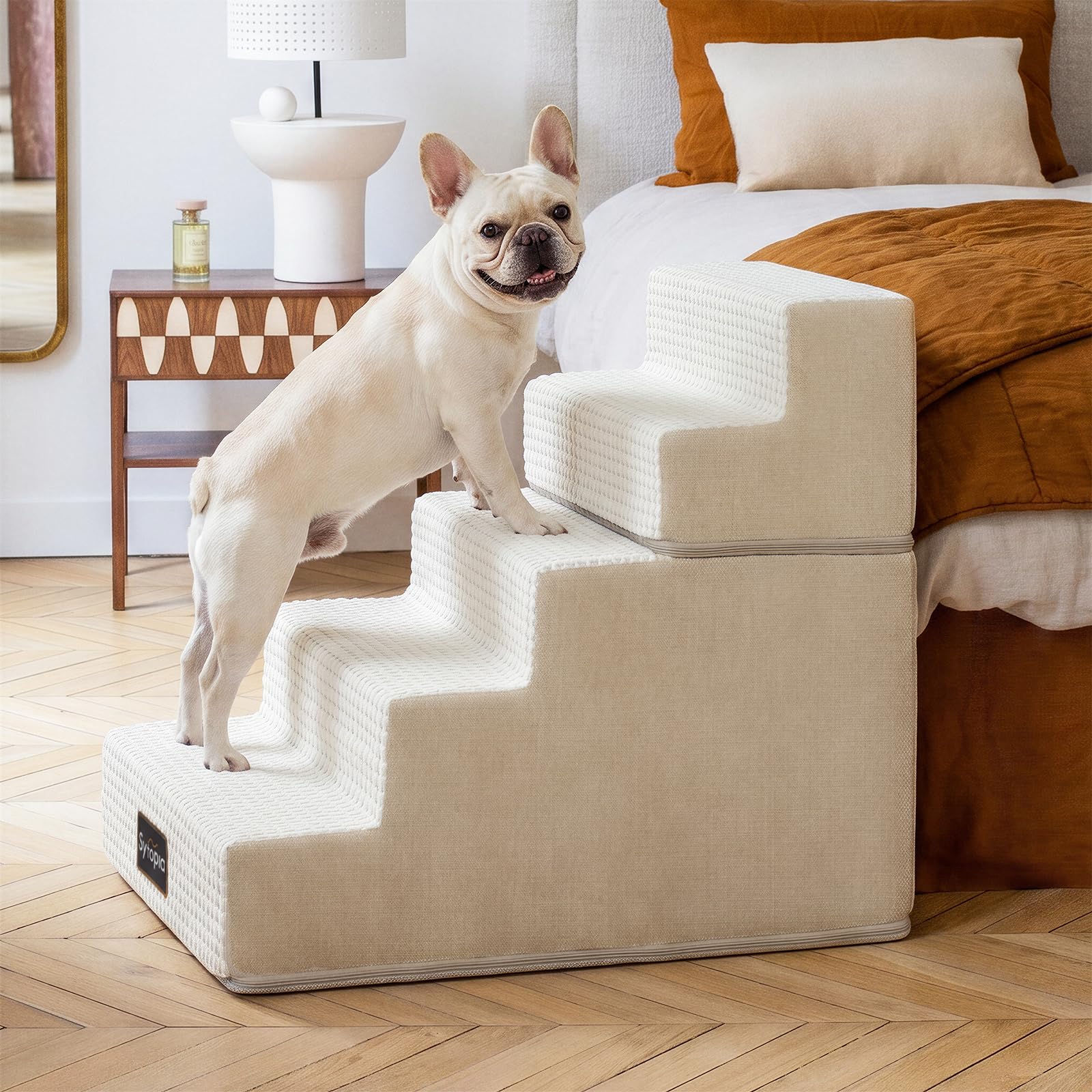 Sytopia Scala per cani a 5 gradini per cani grandi e anziani (altezza 57 cm), per letto alto e auto, rampa per cani in schiuma 28D, fino a 40 kg, antiscivolo, lavabile, delicata sulle articolazioni