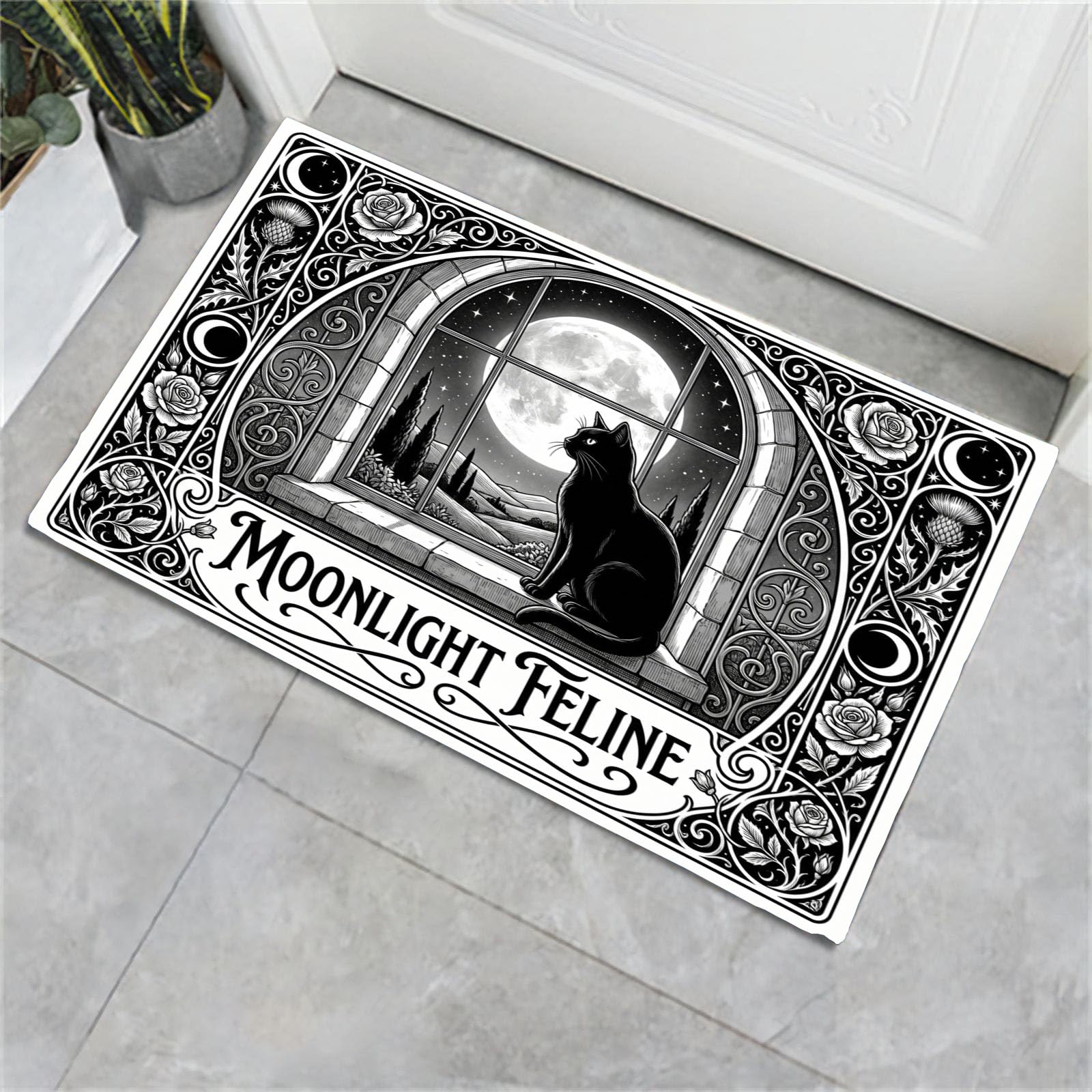 Tapis d'entrée lavable chat mystérieux, la solution propreté anti-glisse 45x75cm pour la maison