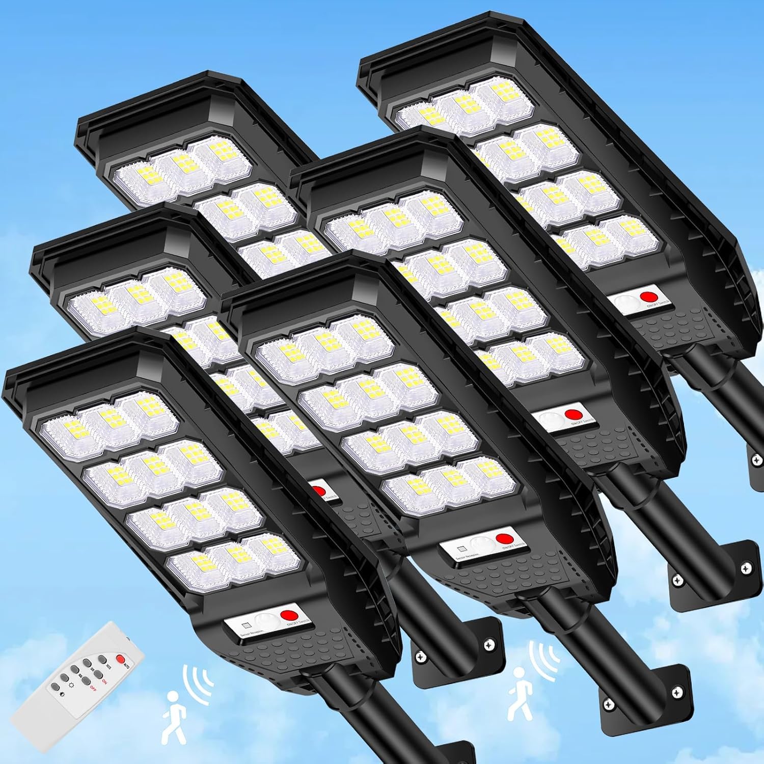 081 Store - Lampione Solare LED Esterno 200W con Palo e Telecomando, Sensore di Movimento e Crepuscolare, 144 LED, Luce Bianca Fredda 6500k