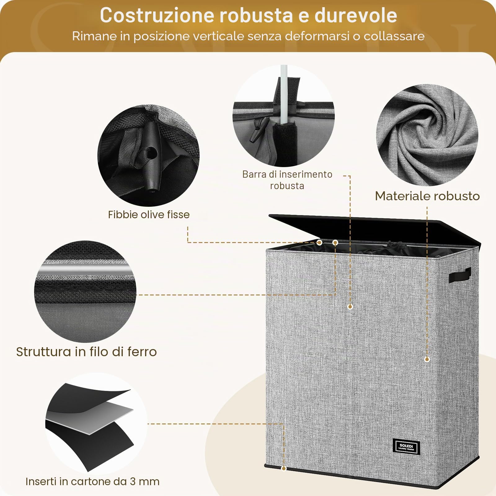 SOLEDI Cesto portabiancheria doppio da 145 litri con coperchio, cesto portabiancheria a 2 sezioni, pieghevole e sporco, con robusta borsa per la biancheria, per camera da letto, dormitorio, università