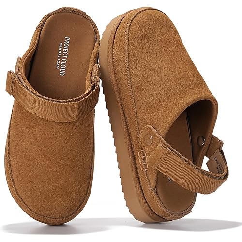 Project Cloud Genuine Suede Clogs for Women - Memory Foam Womens Clogs & Mules with Adjustable Straps - Lightweight Platform Shoes Non-Slip Slides (Goldstar)