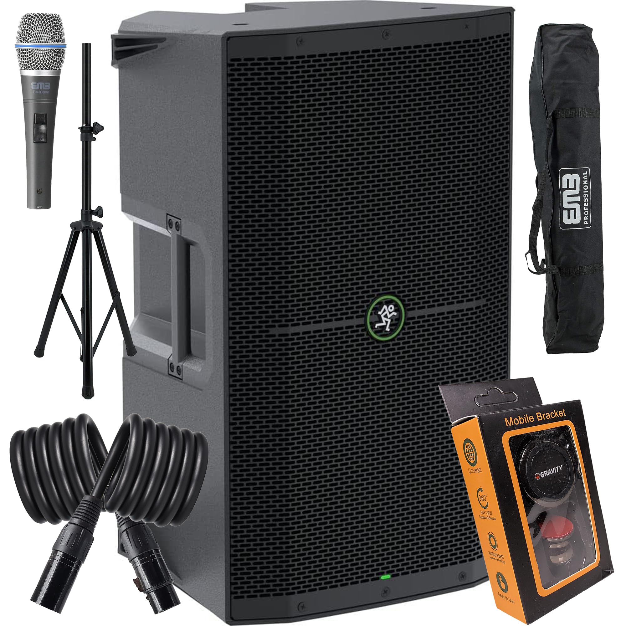 (1) Mackie Thump212XT 1,400-watt 12-inch Powered Speaker with Bluetooth Streaming, Feedback Eliminator, Music Ducking, Dual TRS/XLR Bundle with EMB XLR, Microphone, Stand, Bag, Gravity Magnet Package