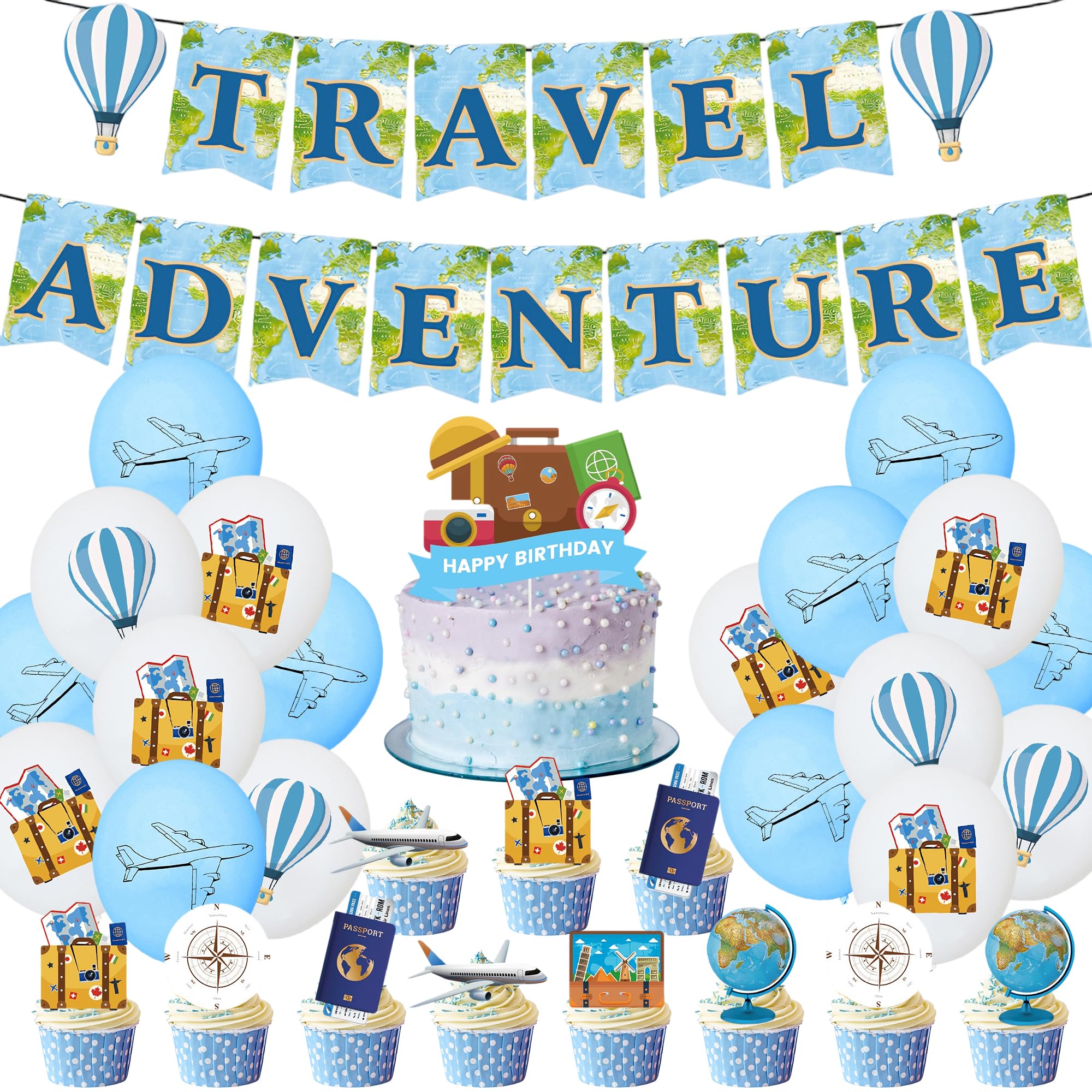 Bon Voyage Party Decorations Banner -60Pcs Travel Adventure Banners Luggage Maps Cupcake Toppers For Retirement Graduation Leaving Travel Going Farewell Themed Party Supplies