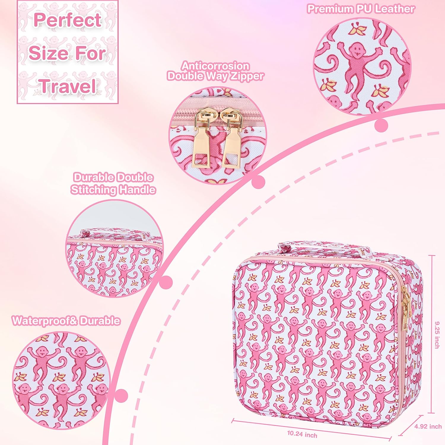 Travel Makeup Bag Organizer with LED Mirror, Portable Monkey Cosmetic Train Case with Adjustable Dividers, Brush Storage Board for Women Christmas Thanksgiving Valentine Birthday Gift (Pink)
