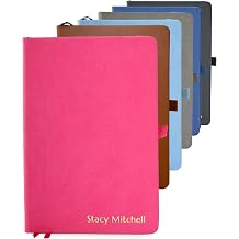 Promot Ruled Journal Notebook - Custom Embossed Text with Gold Metallic Foil - A5 Pink 192 Lined Pages 8.2 x 5.5 Inch, 100 GSM, Pen Loop, Inner Pocket, Elastic Band, PU Leather Hardcover