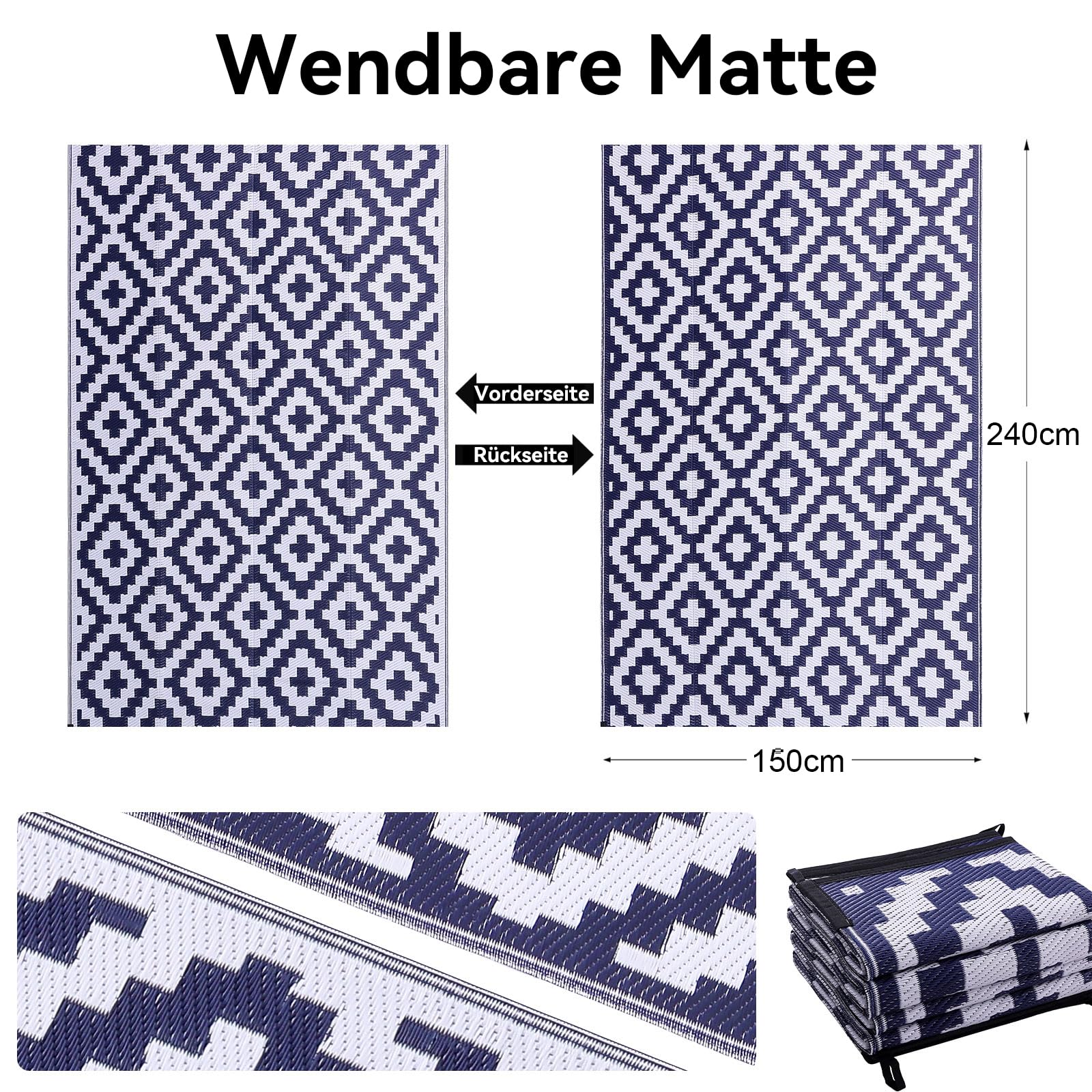 Homaxy Alfombra de exterior resistente a la intemperie, de plástico paja, resistente a los rayos UV, reversible, lavable, para balcón, jardín, terraza, camping, pícnic (150 x 240 cm, azul marino y