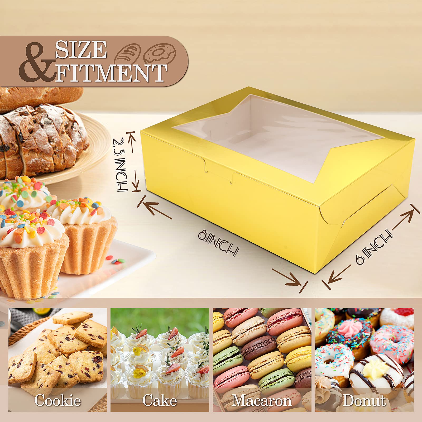 KPOSIYA 65 cajas de galletas de 8 x 6 x 2.5 pulgadas con ventana, cajas de panadería doradas para regalo, golosinas, postres, cupcakes, chocolate, fresas, donas, magdalenas (5 ventanas de estilo)